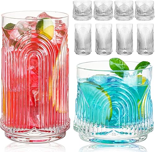 Vasos para beber vintage, cristalería Art Deco, juego de 8 vasos de vidrio hechos a mano, vasos altos de 17 onzas y vasos de cóctel de 10 onzas,