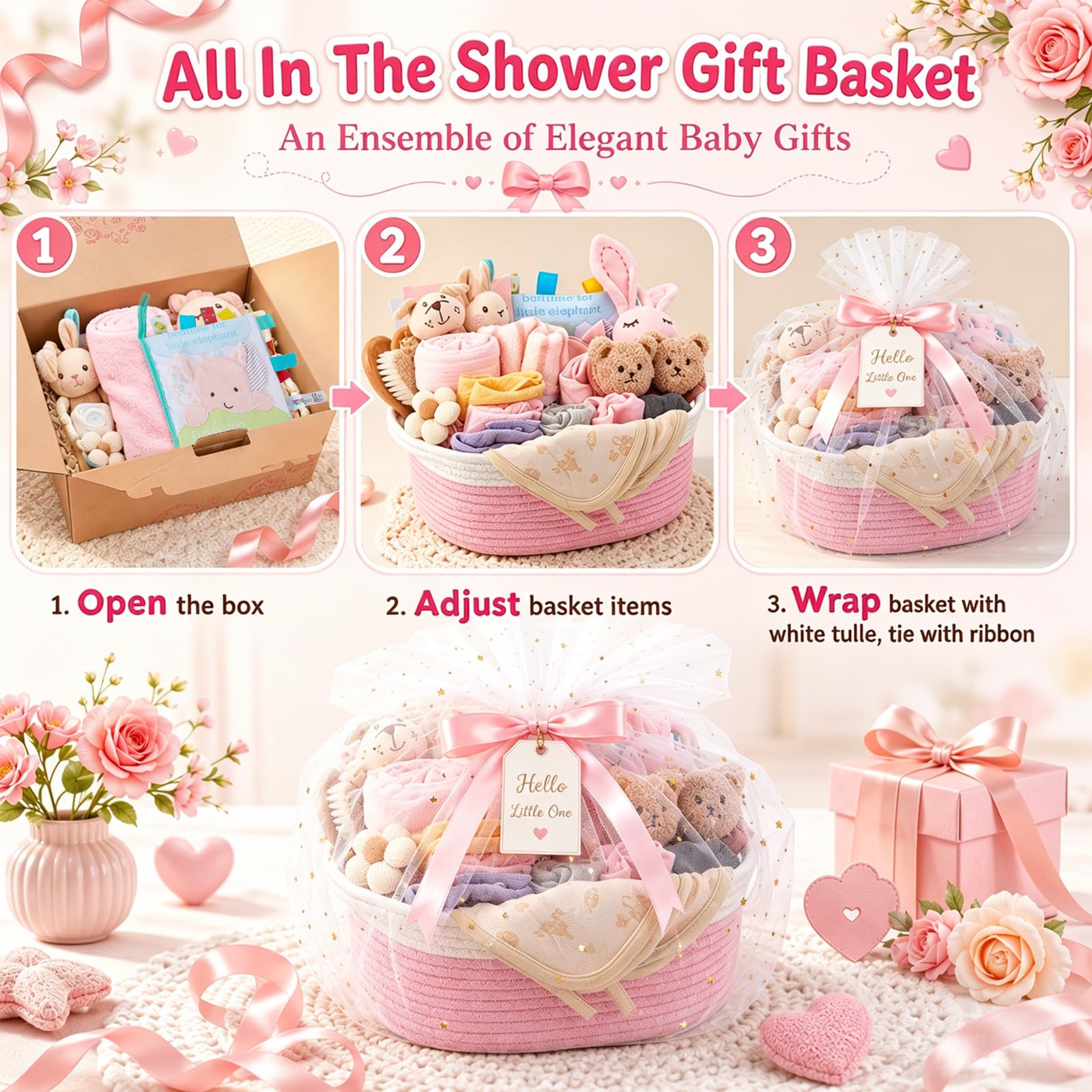 Windeltorte Baby Geschenkset Neutral - 32-teiliges Neugeborenen Set mit Hasen Plüschtier & Grußkarte im geflochtenen Korb - Luxus Geburtsgeschenk für Jungen & Mädchen, Babyparty & Taufe