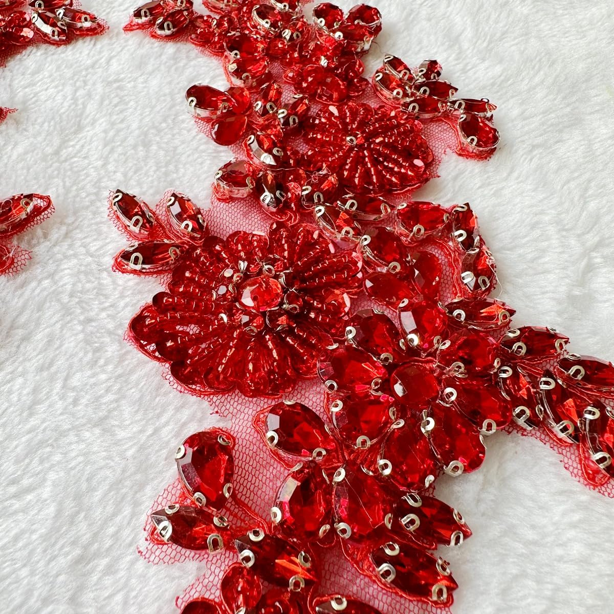 Handmade Shining Rhinestones lace Applique Patches Sewing Beads Sequins Stone Trim Accessories for Wedding Dress 1 Pair/Bag 11X4.3inches (Red)