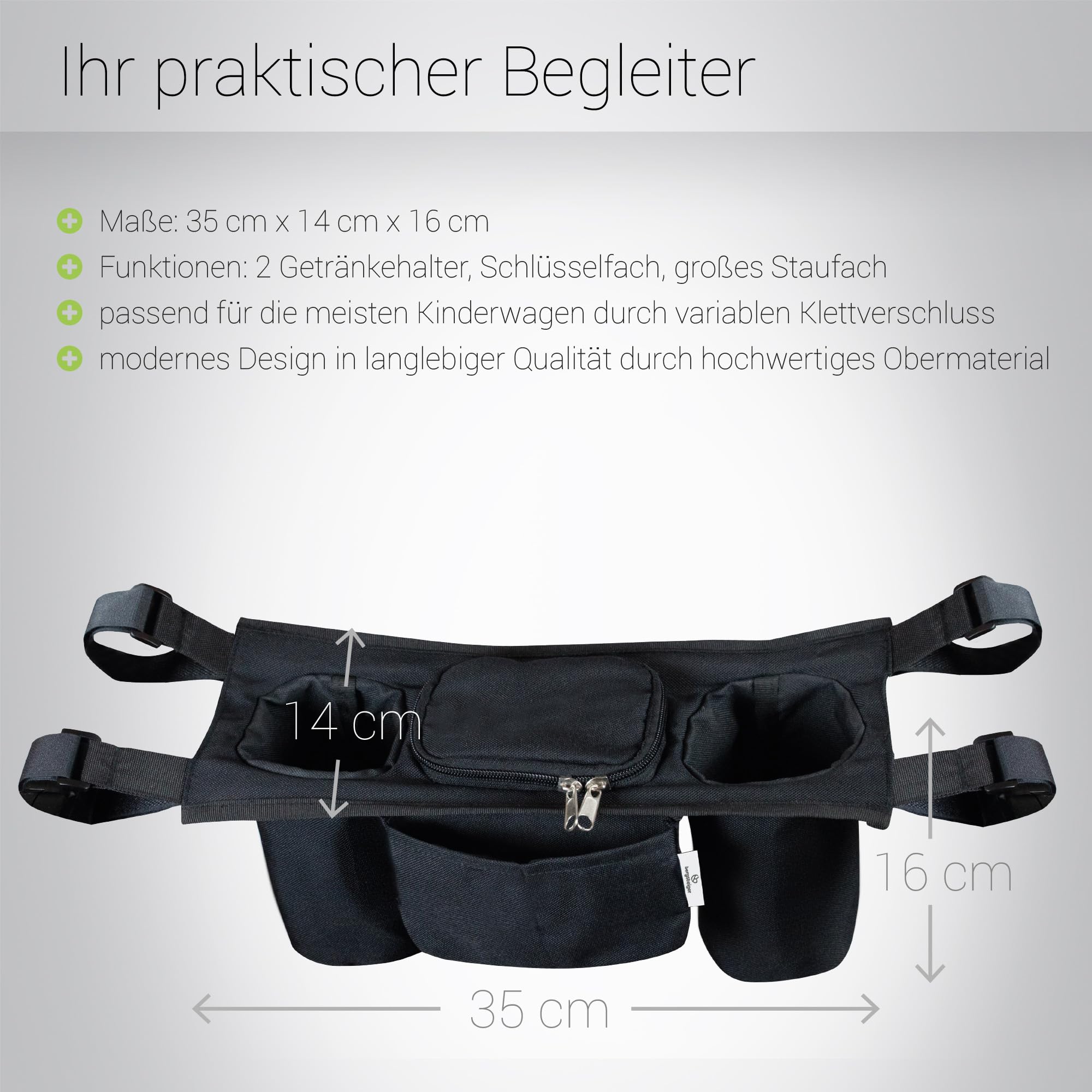 Bergsteiger Kinderwagen Organizer Basic großes Mittelfach universal | Leichtes Zubehör mit einfacher Handhabung und zwei Getränkehaltern dank Klettverschluss passend für alle Buggys