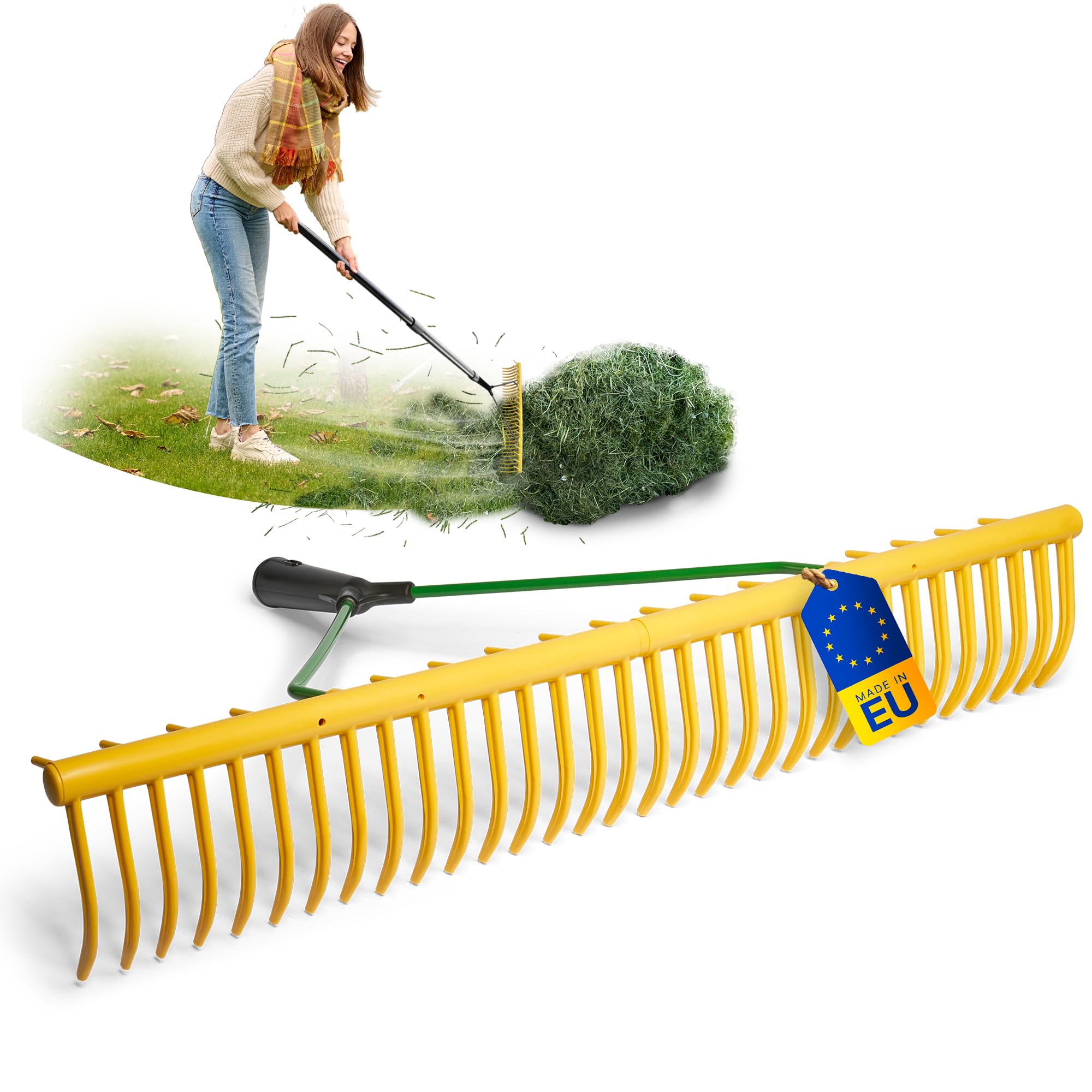 Novatool Juego de 2 cabezales de rastrillo de jardín con dispositivo de recolección de hierba y 32 dientes, ancho de trabajo de 64,5 cm, rastrillo de plástico y metal, recogedor de hojas, rastrillo de