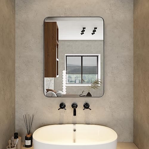 Espejo de montaje en pared para baño, marco de metal negro, esquina redondeada, espejo de tocador de baño, espejo colgante decorativo, para sala de