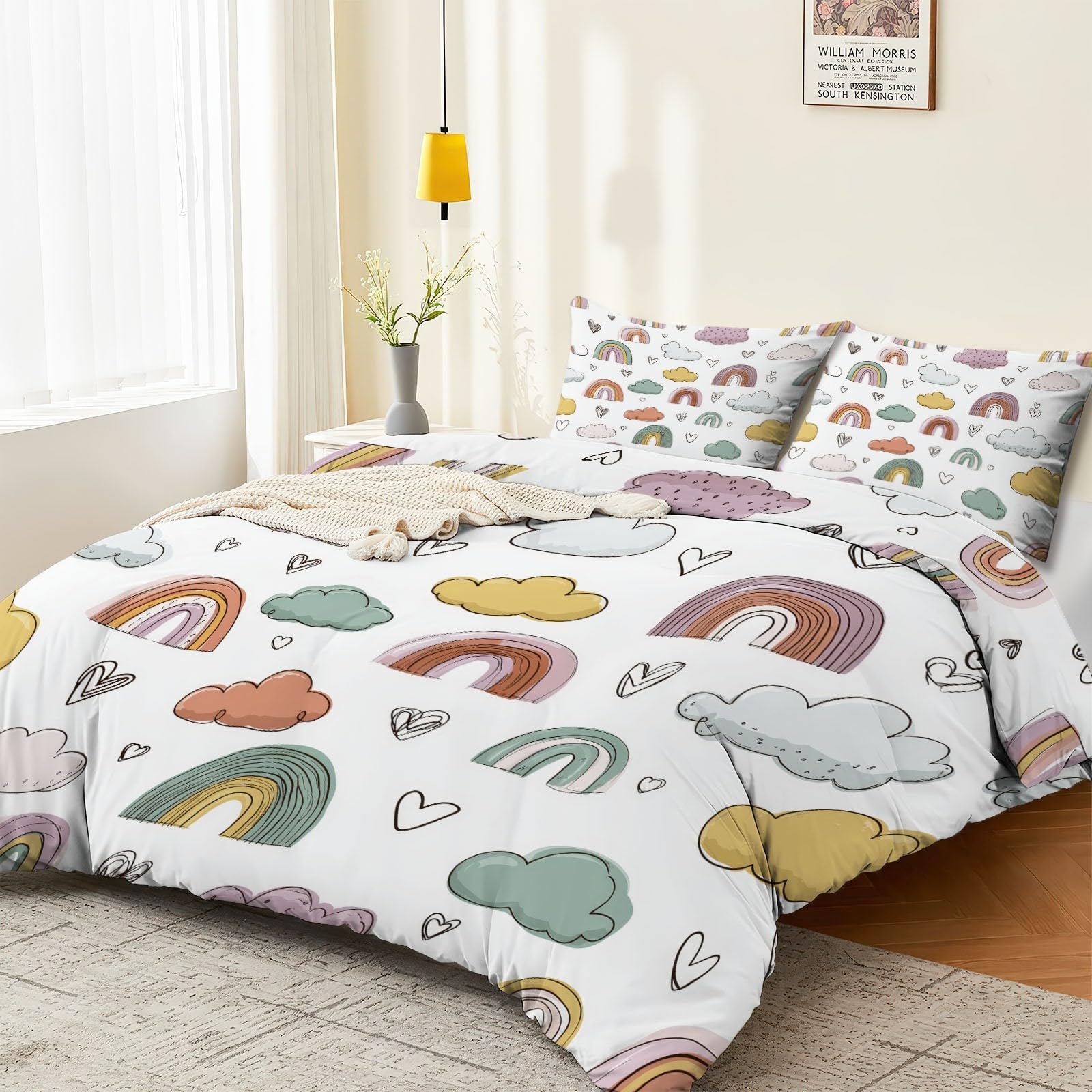 Housse de couette arcs-en-ciel nuages rose pour une chambre d'enfant douce et cocooning