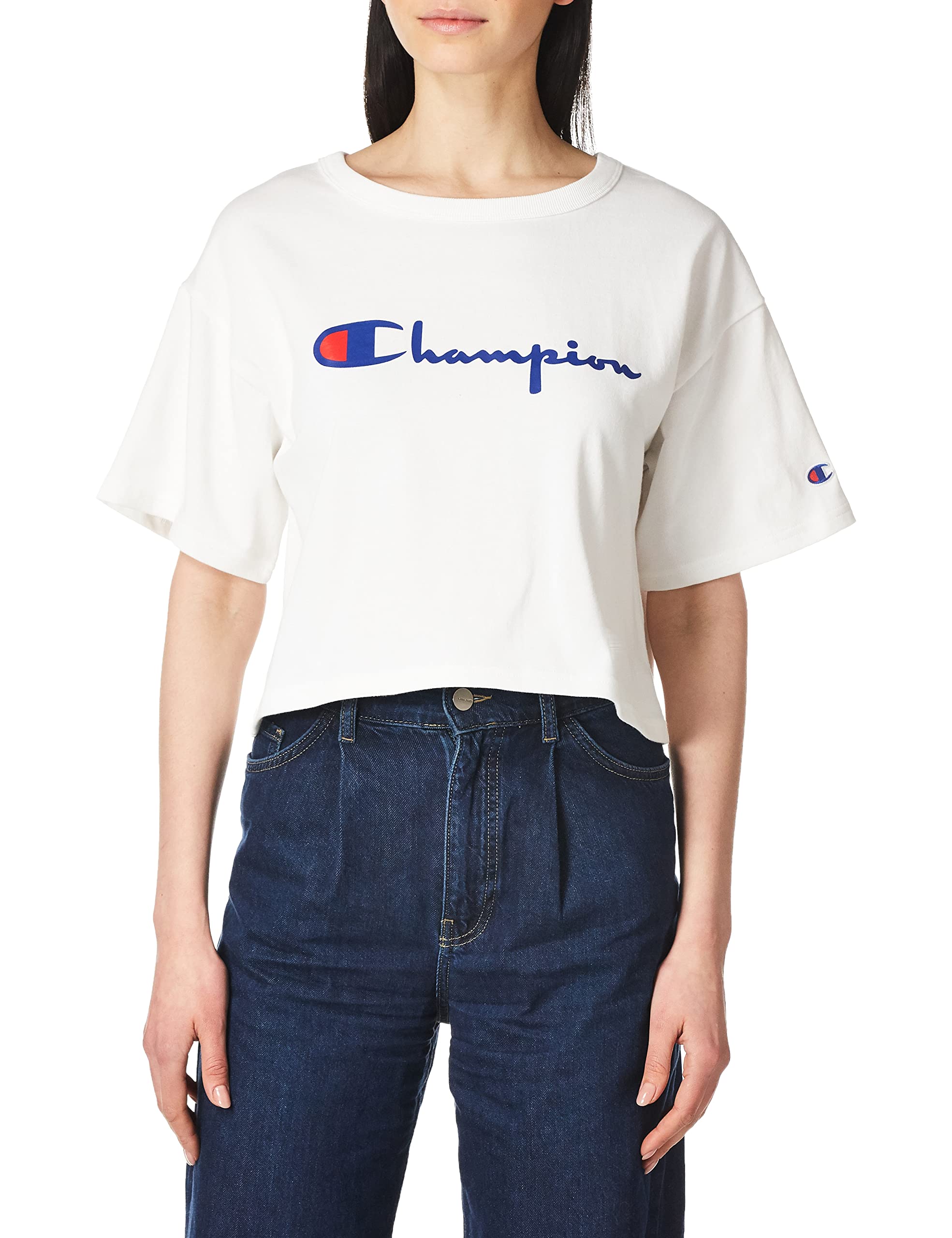 Champion Women's T-Shirt, Heritage Heavyweight Cropped T-Shirt, Crop Top for Women, White Vintage Script, L