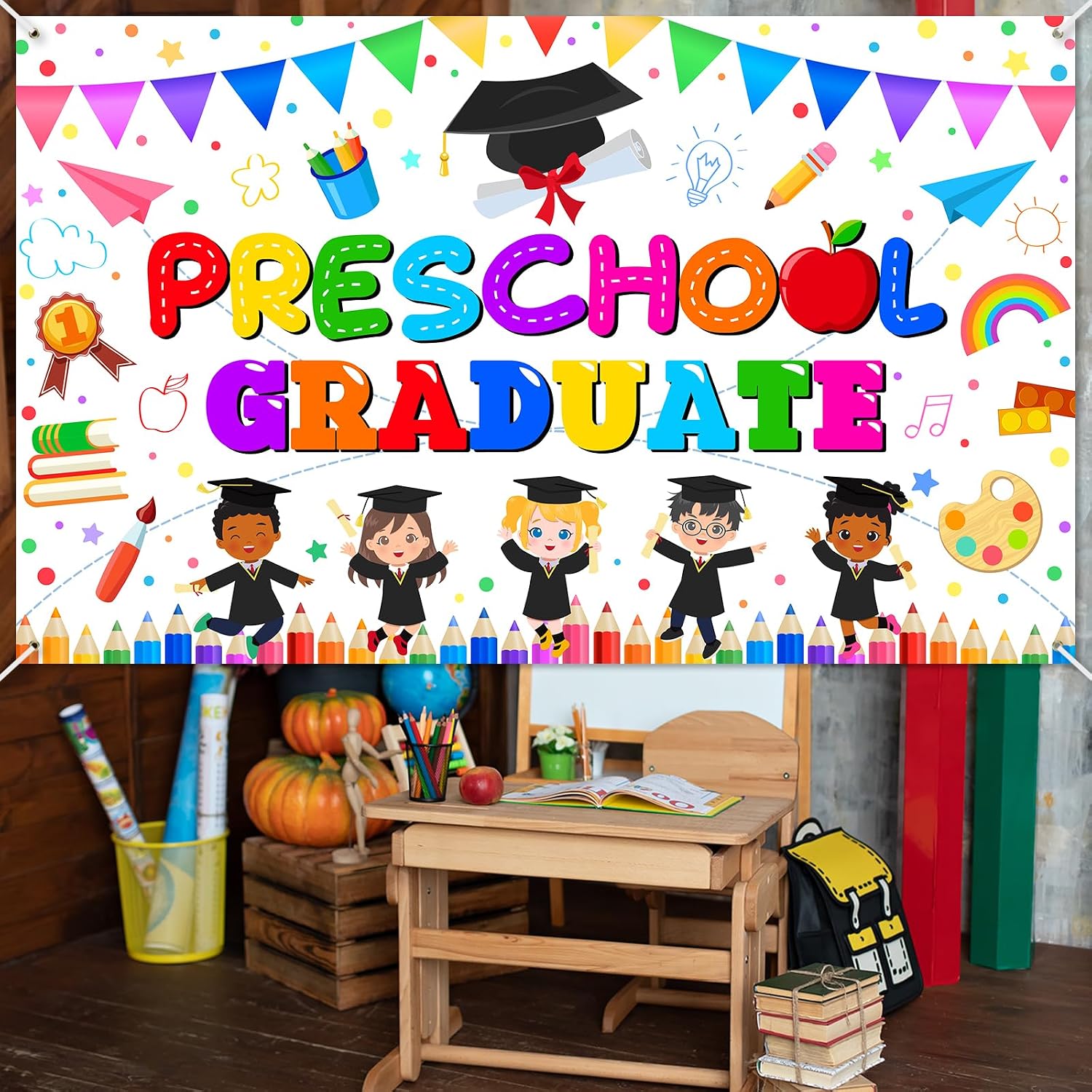 Avezano Preschool Graduation Backdrop Banner Preschool Graduation Banner for Preschool Graduation Decorations Kindergarten Graduate Banner for Kids PreK Congrats Grad Ceremony 70.8 x 43.3 Inch