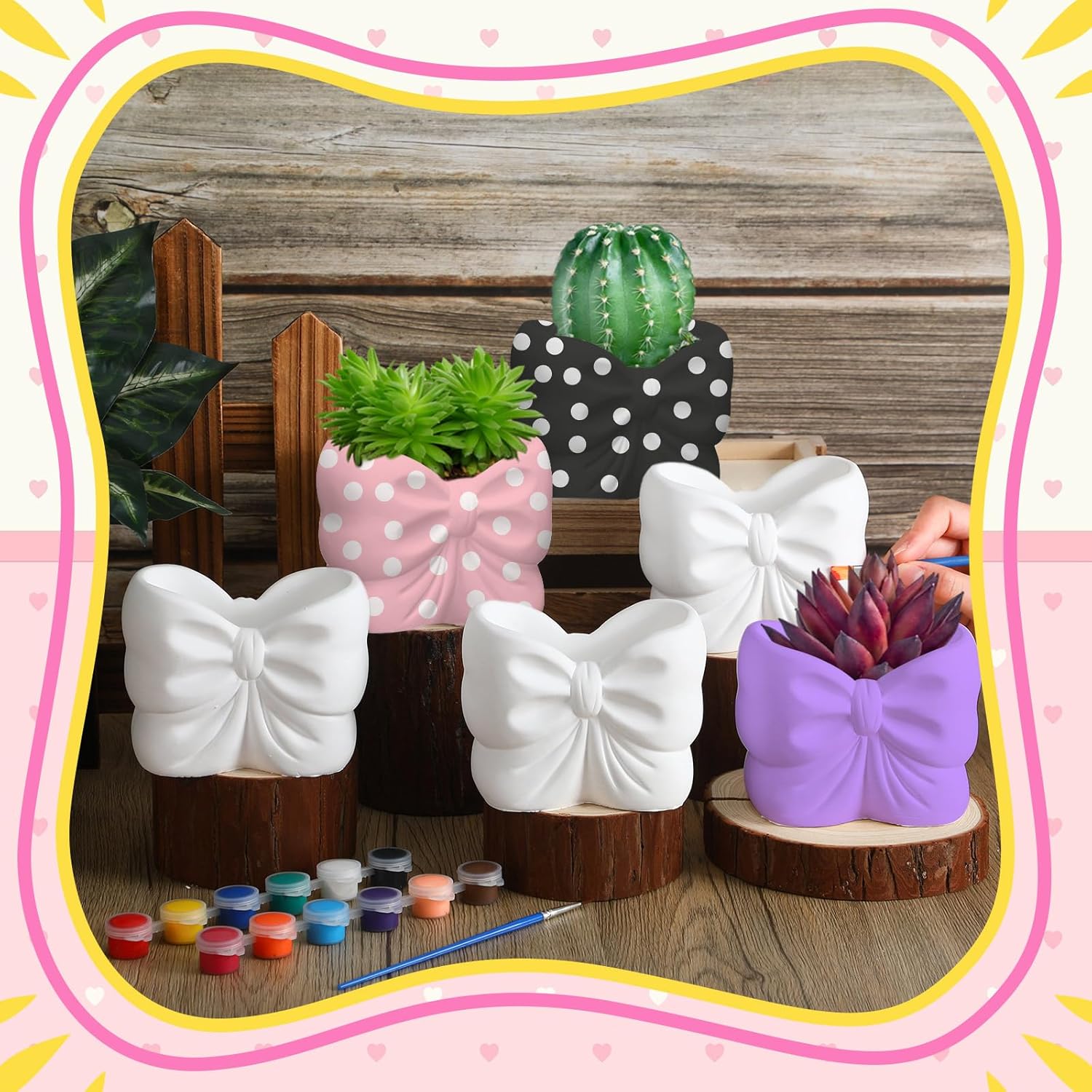 Beeveer 6 Sets Paint Your Own Coquette Bow Succulent Planter Ceramic Blank Unpainted Flower Pots DIY Paintable Porcelain Vase Kit for Kids Christmas Classroom Craft Project Activity Supplies