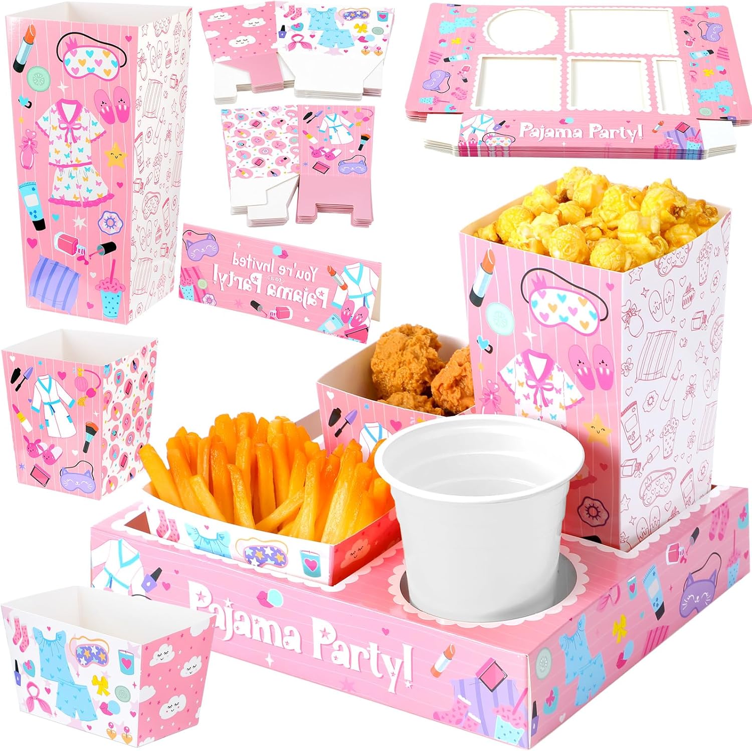 Thenshop 60 Pcs Pajama Slumber Party Snack Tray Set, Girls Sleepover Party Supplies Include Popcorn Boxes, Salad and Nacho Bowls, Invitations, Pink Pajama Slumber for Birthday Favor Decoration