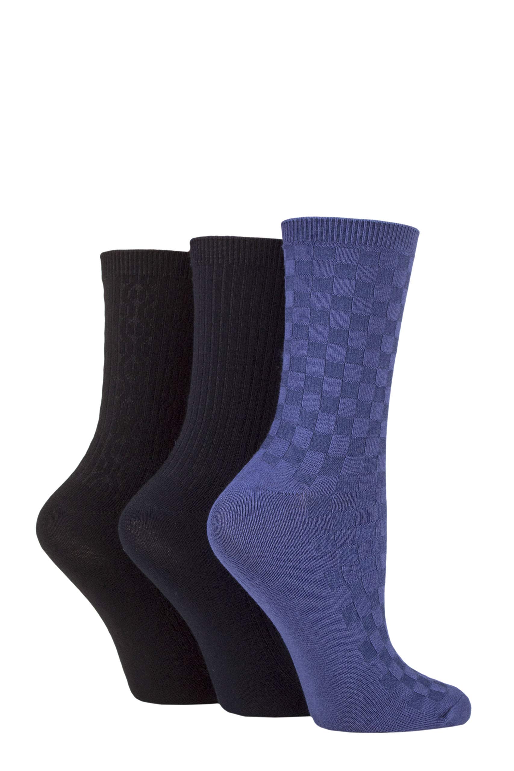 SockShop Ladies Plain Patterned and Striped Bamboo Socks Pack of 3 (Black/Navy/Denim Textured, 4-8)