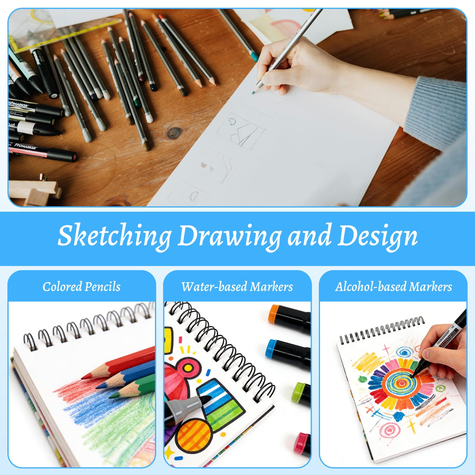 Cuaderno de Dibujo A4 100 Hojas, Bloc de Bocetos con Espiral y Tapa Dura, Papel de Dibujo 110 g/m² a Doble Cara, 200 Páginas, Sketchbook para Estudiantes y Artistas, Drawing Book