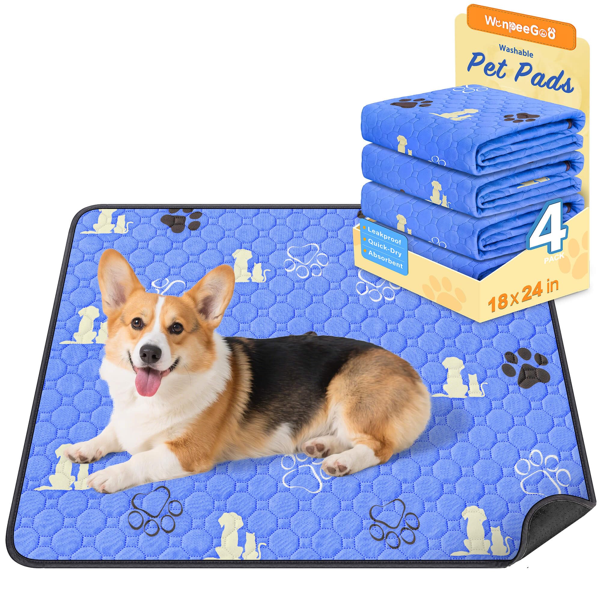 WanpeeGoo Washable Pee Pads for Dogs, Waterproof, 46 x 61 cm, 4 Pack, Blu
