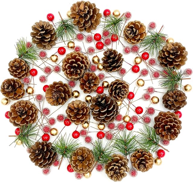 130PCS Wreath Making Supplies, Christmas Wreath Decorations, Christmas Wreath Making Supplies with Artificial Holly Red Berry Pinecone Branches for Xmas Tree Decoration Garland Fall Winter Crafts