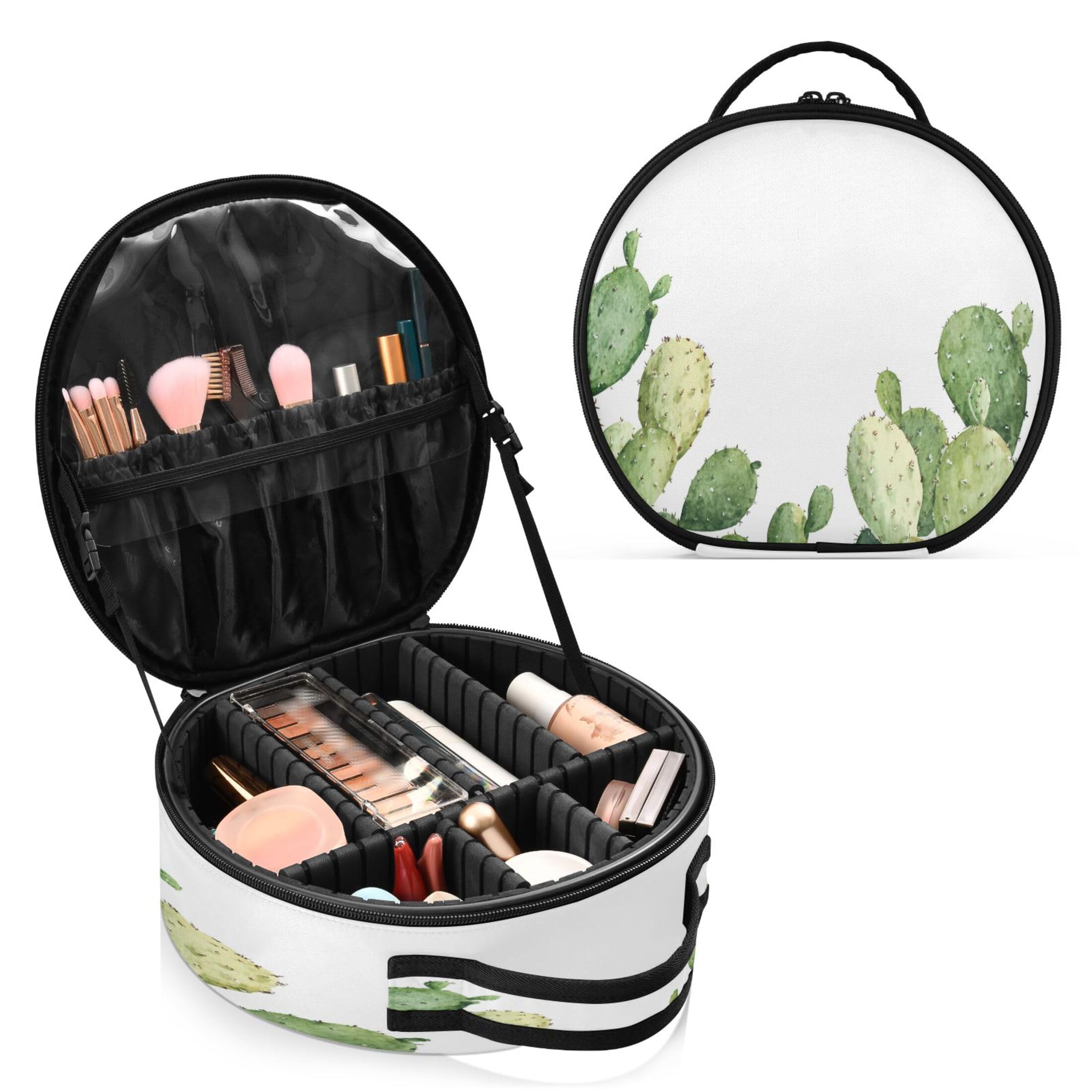 Takiito Watercolor Cactus Travel Makeup Case Portable Makeup Box Artist Cosmetic Case Organizer With Adjustable Dividers