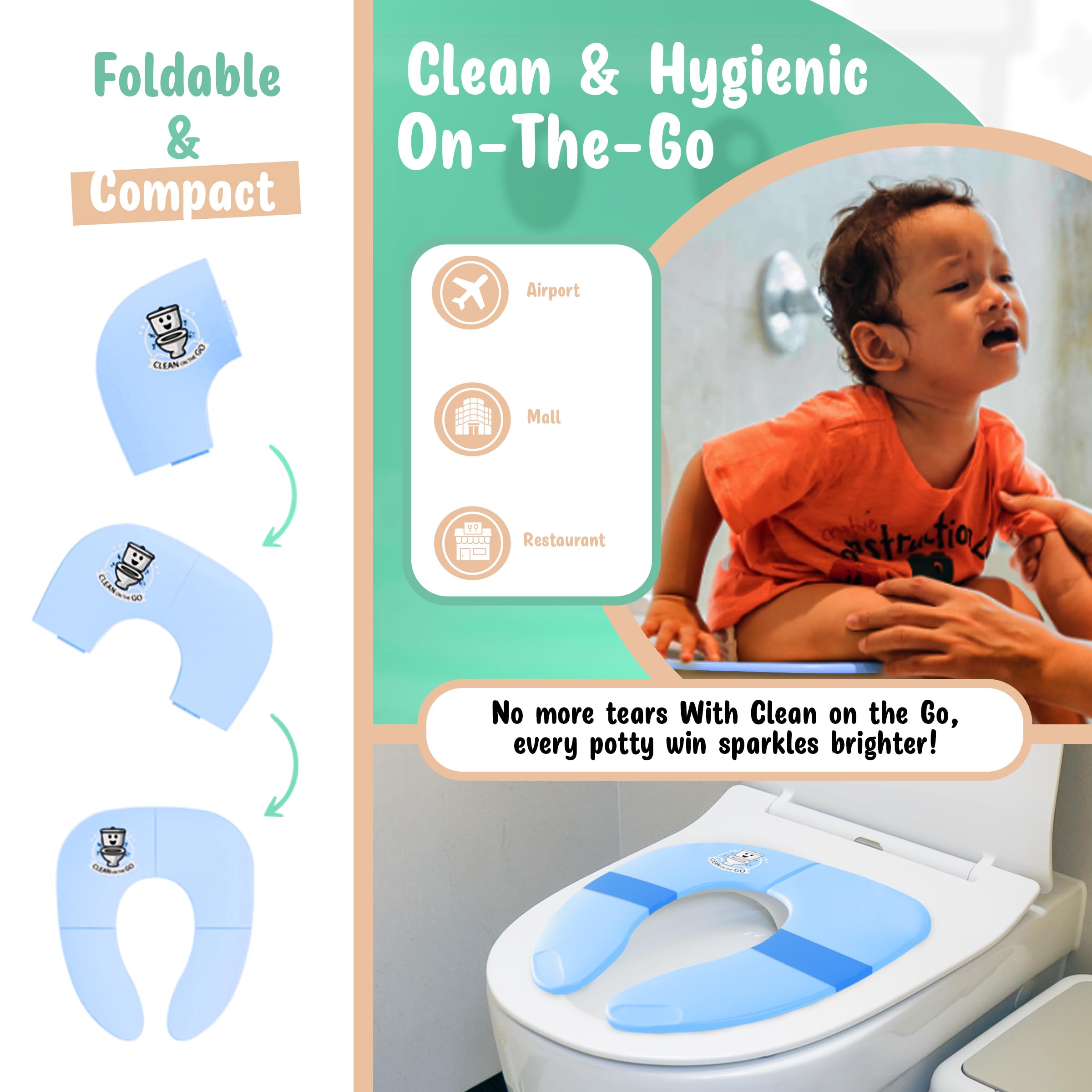 Travel Potty Seat: Portable w Carrying Case for Toddler Toilet Training, Foldable Non-Slip Silicone for kids public toilets, CLEAN ON THE GO (Blue) - 5