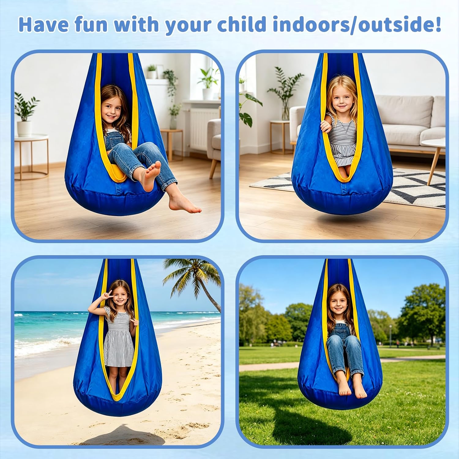 Kids Pod Swing Chair Cotton Hammock Sensory Swing for Indoor and Outdoor Use Autism Swing with Cushion for Kids Sensory Room Must Haves(Blue)