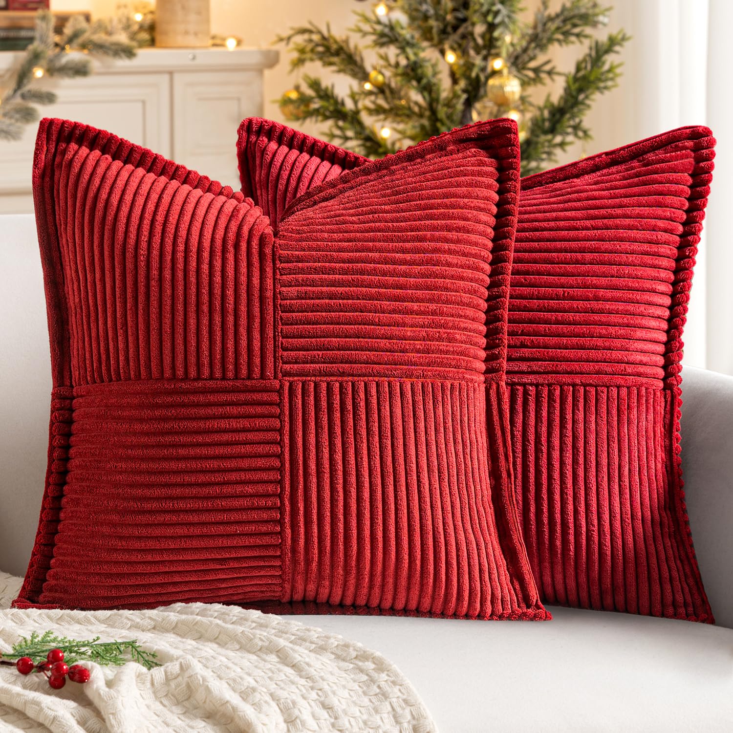MIULEE Decorative Euro Sham Throw Pillow Covers 24x24 Inch Red 2 Pack | Boho Broadside Striped Patchwork Pillow Covers, Soft Corduroy Cushion Cases, For Bed Sofa Couch Livingroom Home Decor