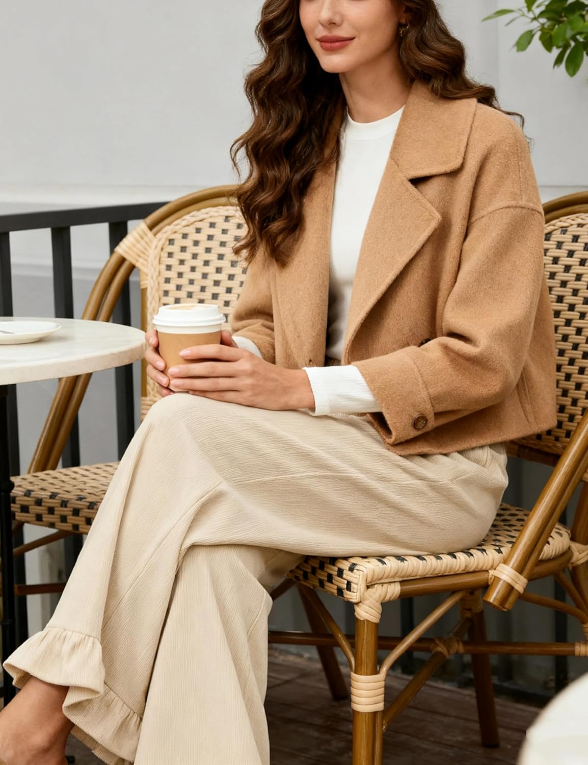 Omoone Womens Corduroy Pants Wide Leg Ruffled Hem Elastic Waist Lounge Cord Pants with Pockets - Image 5