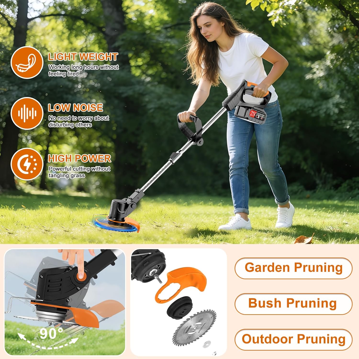 Electric Weed Wacker Cordless Electric Weed Eater Battery Powered Grass Trimmer Brush Cutter String Trimmer with 4 Types Blade & Fast Charger & 2x2000mAh Batteries for Garden Lawn Yard Black