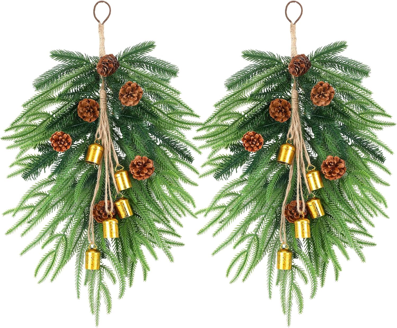 2 Pcs Christmas Norfolk Pine Teardrop Swag 18 Inch Artificial Swag with Bells and Faux Pine Cones Christmas Norfolk Greenery for Xmas Holiday Door Stairs Table Mantle Fireplace Indoor Outdoor Decor