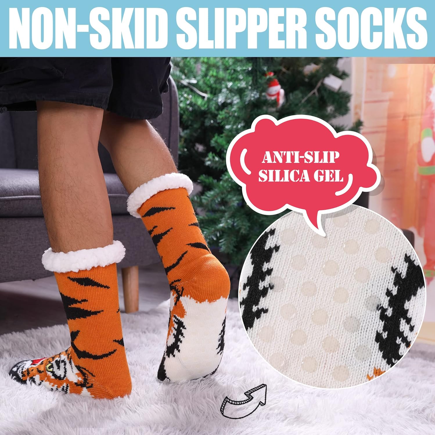 MQELONG Men's Slipper Socks Winter Fuzzy Fleece Lined Cozy Thermal Non-Slip Indoor Christmas Socks - Image 4