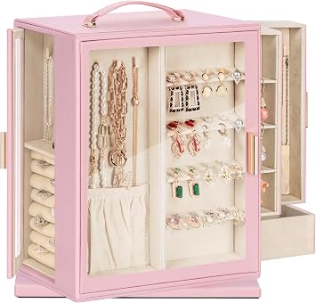 360 Rotating Large jewelry box for Women,Big Leather Jewelry Organizer for Necklaces Rings Earrings Bracelets Storage with Drawer,Great Gift for Her