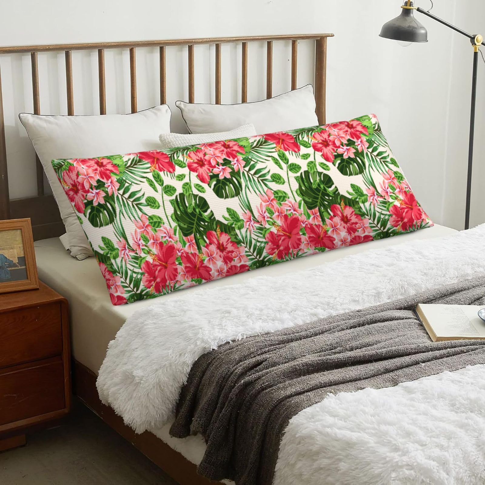 Exotic Tropical Leaves Flowers Floral Vintage, Body Pillow Cover with Zipper,Long Body Pillowcase 20 x 60 in