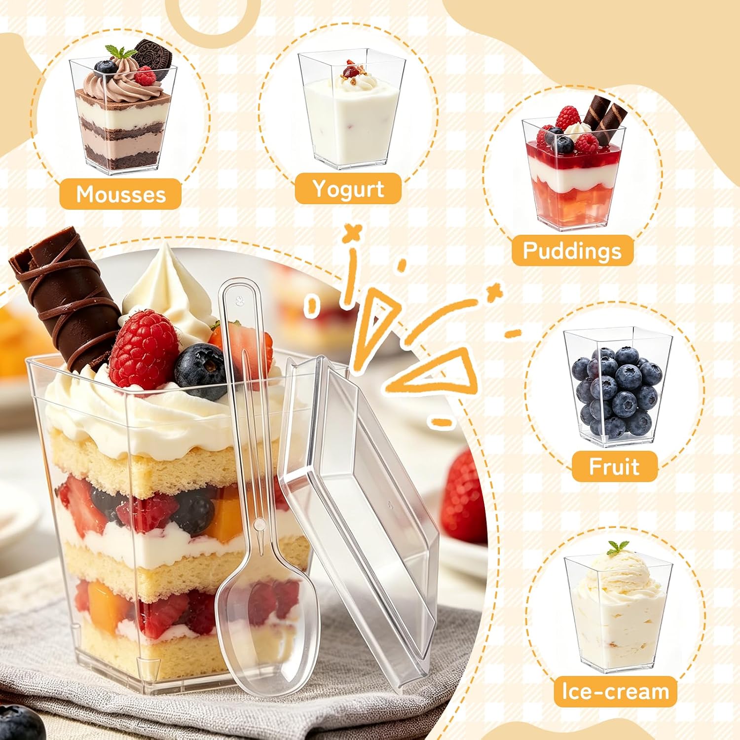 30 PCS 5 oz Clear Plastic Dessert Cups with Lids & Spoons,Mini Reusable Dessert Shooter Cups, Clear Square Cups for Party Yogurt Parfait Jello Fruit Appetizer Cocktail