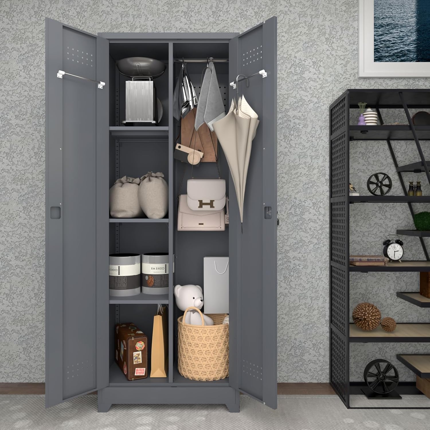 LUCYPAL 65" H Metal Garage Storage Cabinet with Shelves and Lock,Broom Closet Storage Cabinet with Hanging Rods for Mops,Garage Tool Cabinets for Utility Room,Laundry Room,Grey