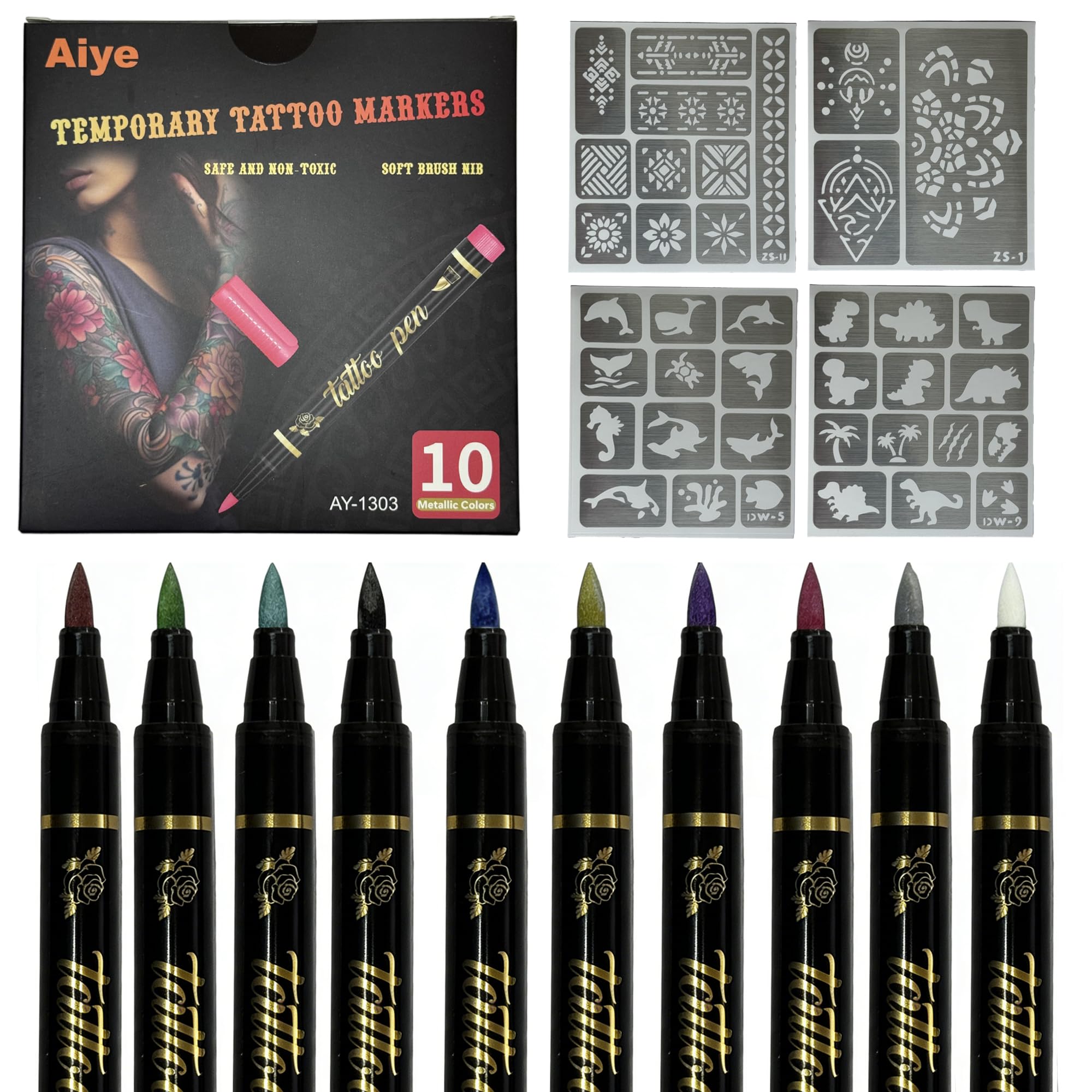 10 Colors Metallic Body Paint Markers , Temporary Tattoo Markers with 4 Stencil Sheets, Waterproof Quick Dry Washable Skin Safe Face Paint Pens, for Halloween, Easter, Christmas & Festivals