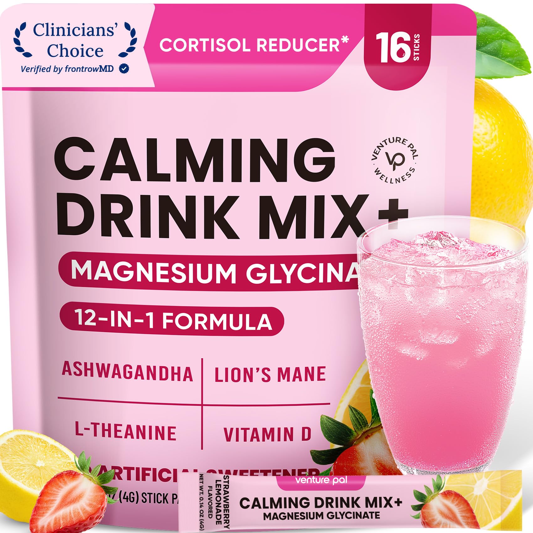 Venture Pal Calm Drink Mix, 12-in-1 Cortisol Reducer & Sleep Aid 2.26 Ounce (Pack of 1) 3-Strawberry Lemonade