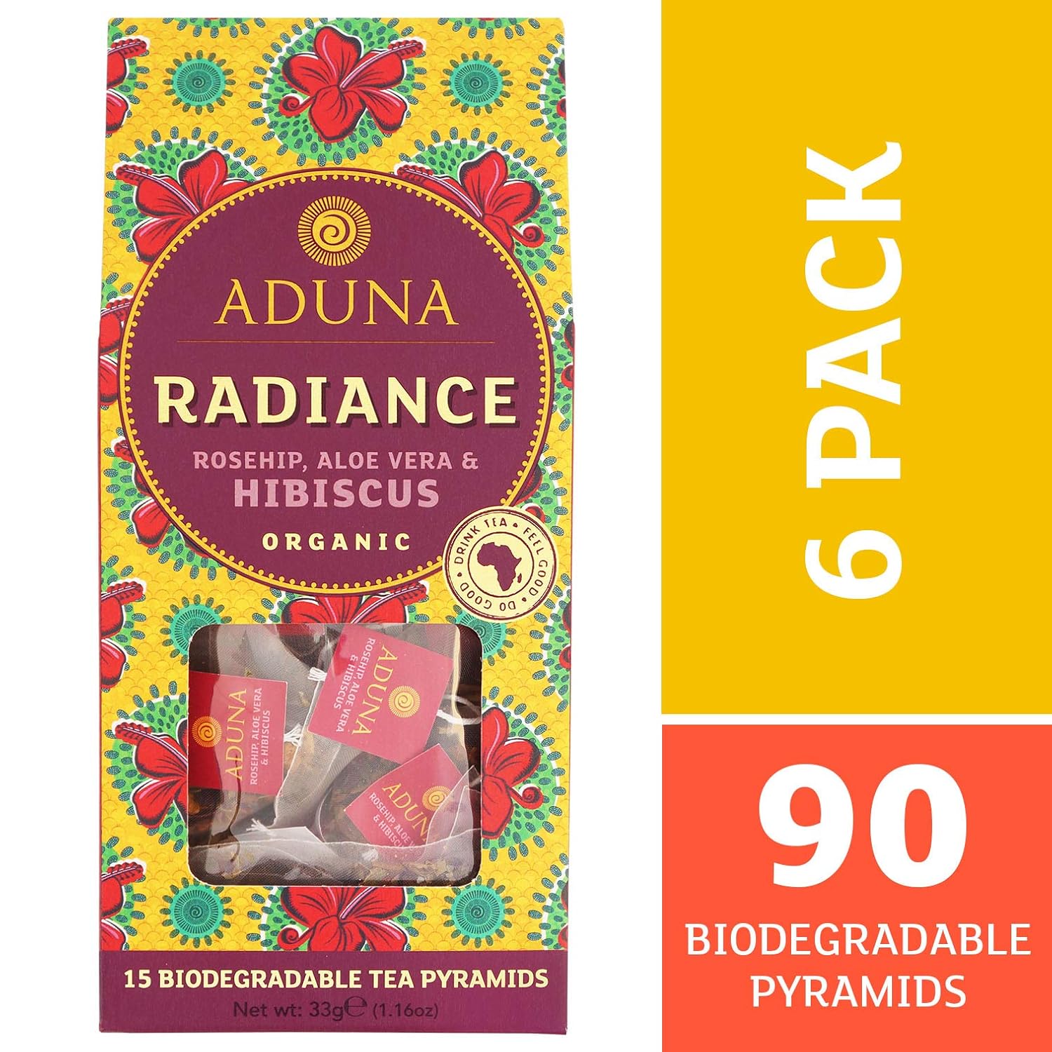 Aduna Organic Radiance Hibiscus Super Tea | Natural Caffeine-Free Infusion With Hibiscus, Rosehip & Elderberry | Superfood Tea for Healthy Skin & Hydration | 15 Biodegradable Pyramid Bags x 6 Packs