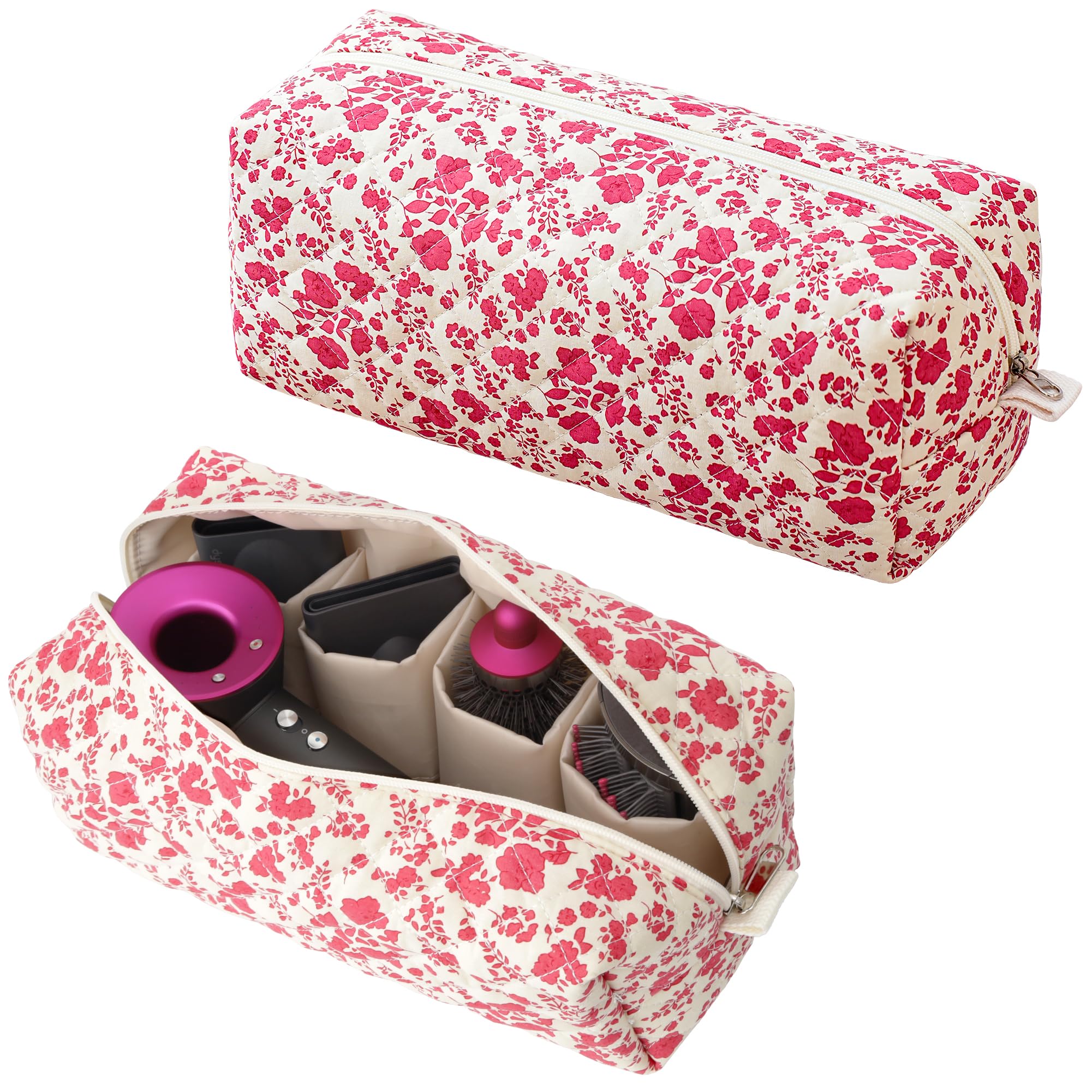 Hair Tools Travel Bag for Dyson Airwrap & Shark Flex Style Attachments, Quilted Hair Dryer Carrying Case for Flat Curling Iron, Airstraight Brush & Accessories (Red Flowers)