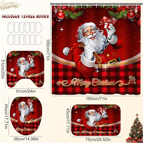 Miniatura 2 de Juego de 4 cortinas de ducha de Navidad, juegos de baño con cortina de ducha, alfombras, cubierta de tapa de inodoroalfombrilla de baño, juego de