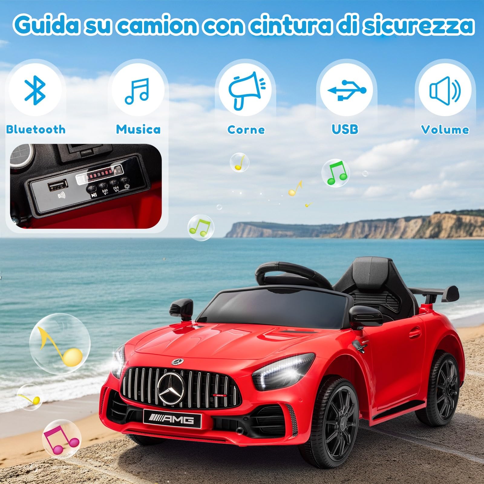 LALAHO Mcchina Elettrica Per Bambini Mercedes AMG GTR 12V con Doppi Motori, 3-5km/h Auto Elettrica per Bambini 3-5 Anni, Sospensioni, MP3, Telecomando (Rosso)