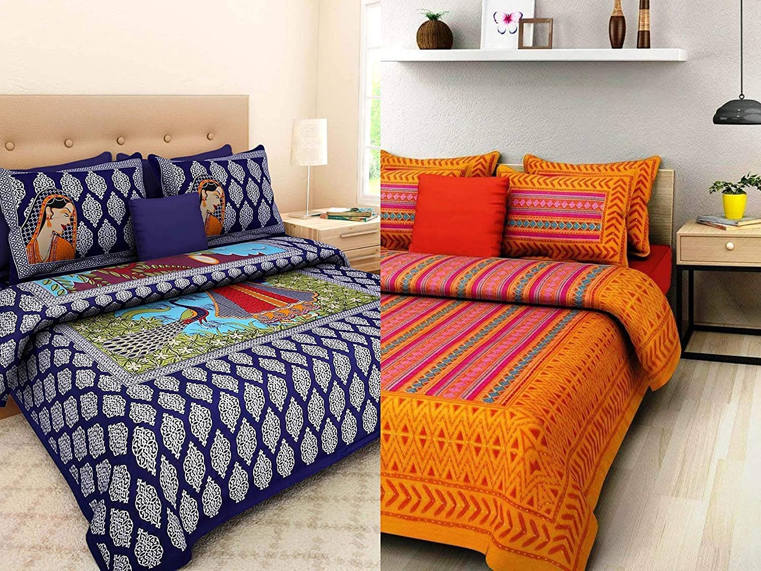 UNIBLISS 100% Cotton Rajasthani Jaipuri King Size Printed Bedsheets Combo Double Bed Set of 2 Double Bedsheets with 4 Pillow Covers - (Multi_JC001) (B0BTBLPGF9) Amazon Price History, Amazon Price Tracker