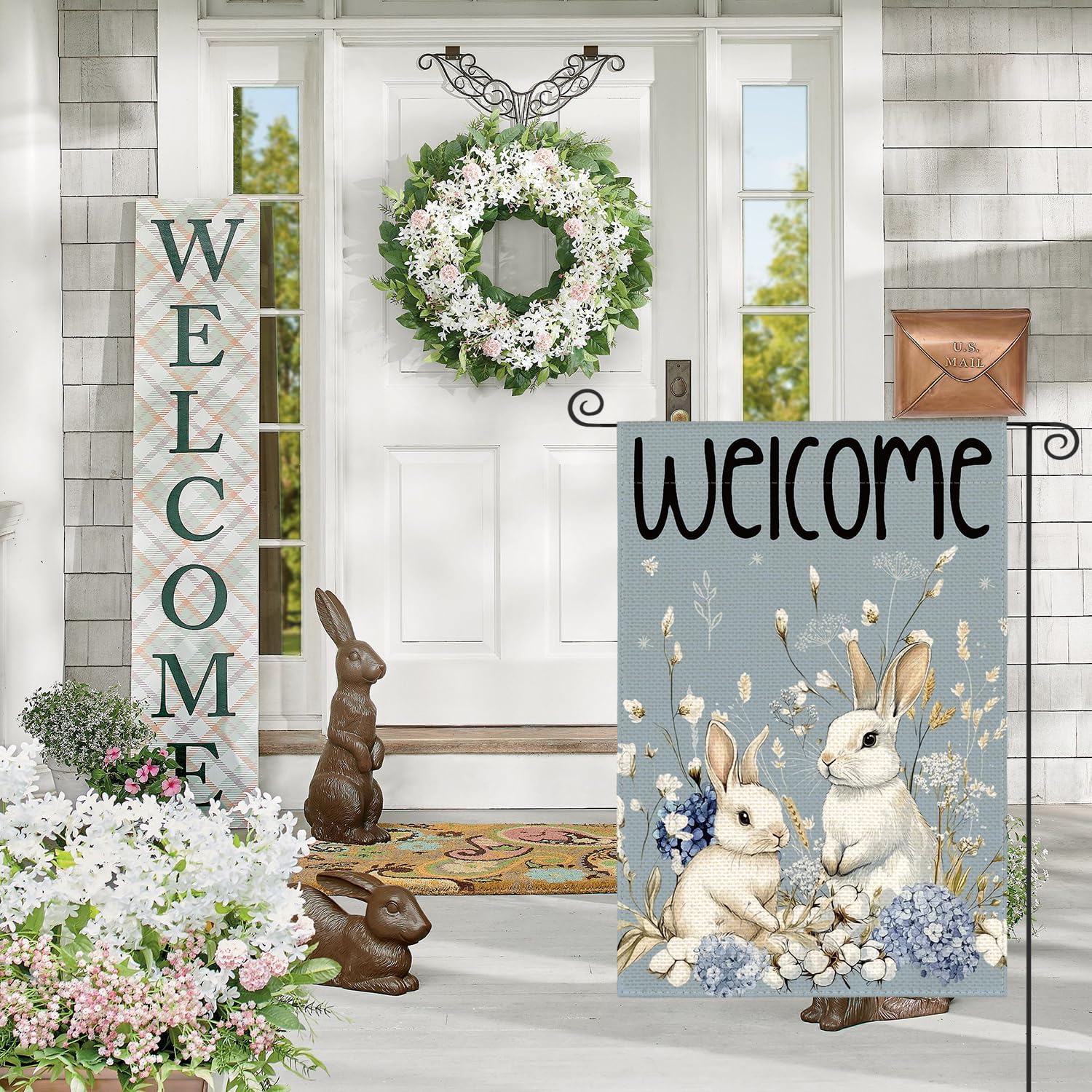 AVOIN colorlife Easter Bunny Garden Flag 12x18 Inch Double Sided Outside, Floral Welcome Holiday Yard Outdoor Flag Blue - Image 4