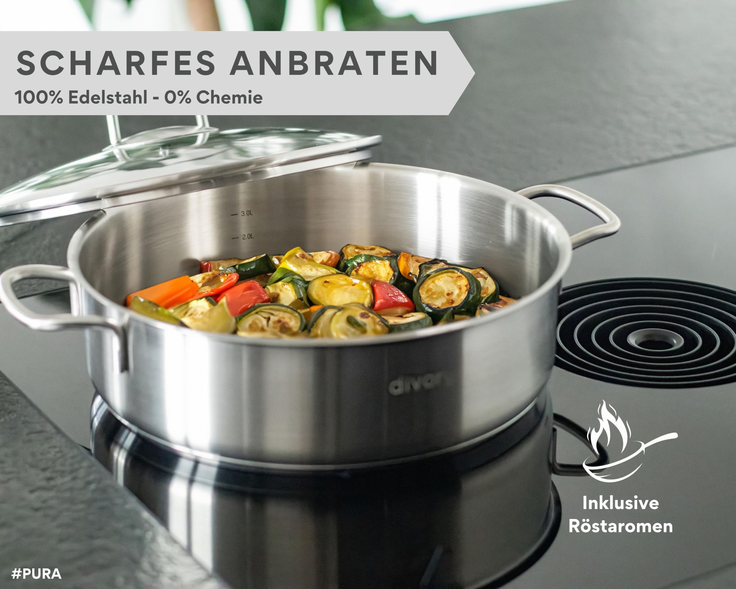 DIVORY Schmorpfanne 28 cm – Hohe Edelstahl Servierpfanne unbeschichtet & ohne PTFE/PFOA, Schmortopf mit Deckel für Induktion & Backofen, Kochtopf 28 cm mit hohem Rand – casserole pan (PURA, 28cm)