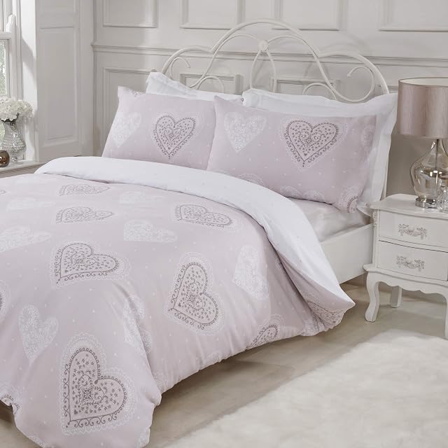 Sleepdown Decorative Hearts King-Natural Reversible Bedding Set and Pillowcases, Cotton Mix