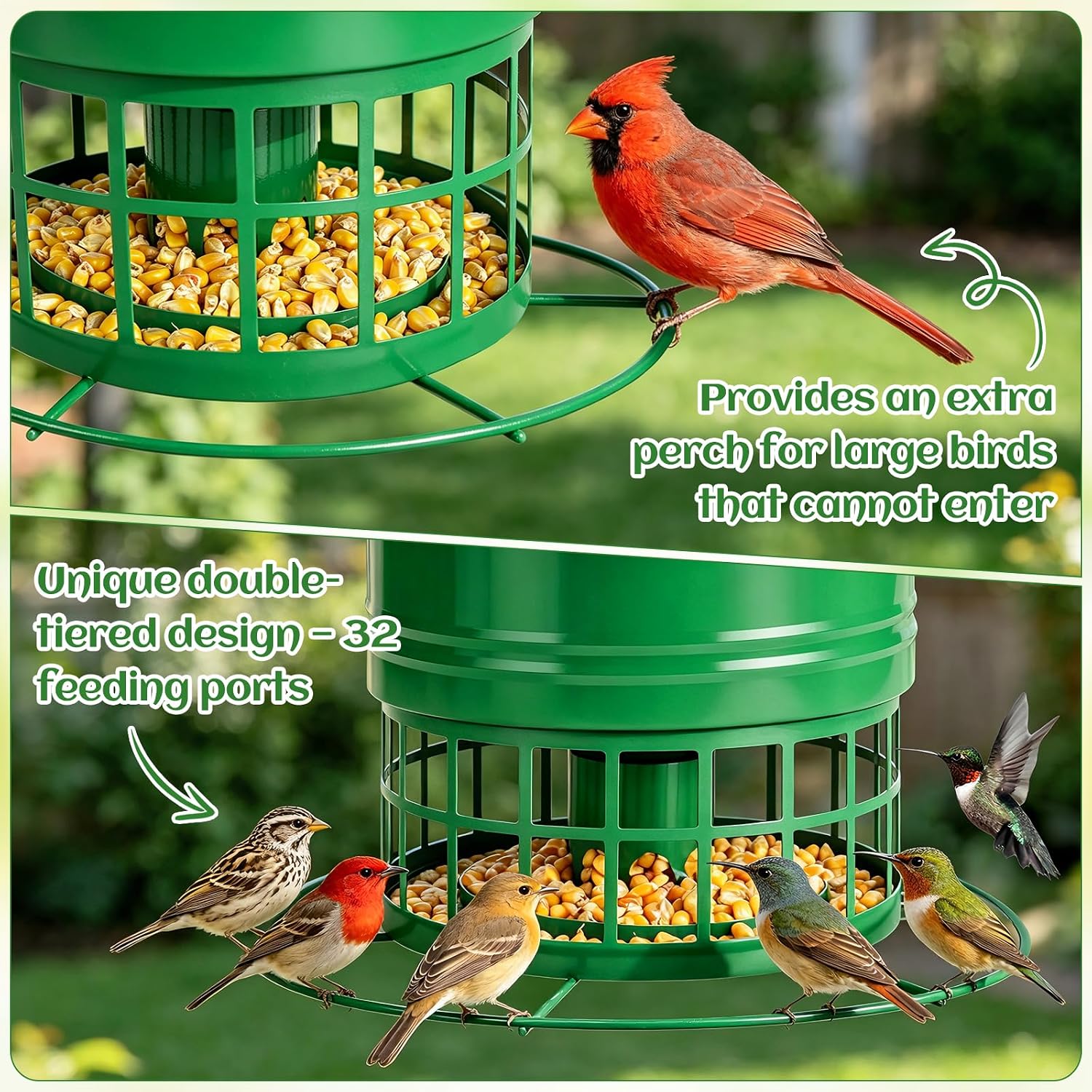 Bird Feeder for Outdoors, Squirrel Proof for Outside 10LB Large Capacity Metal Wild Bird Feeder with 32 Feeding Ports, Hanging Birdfeeder for Cardinals, Bluebirds, Finches (Green)