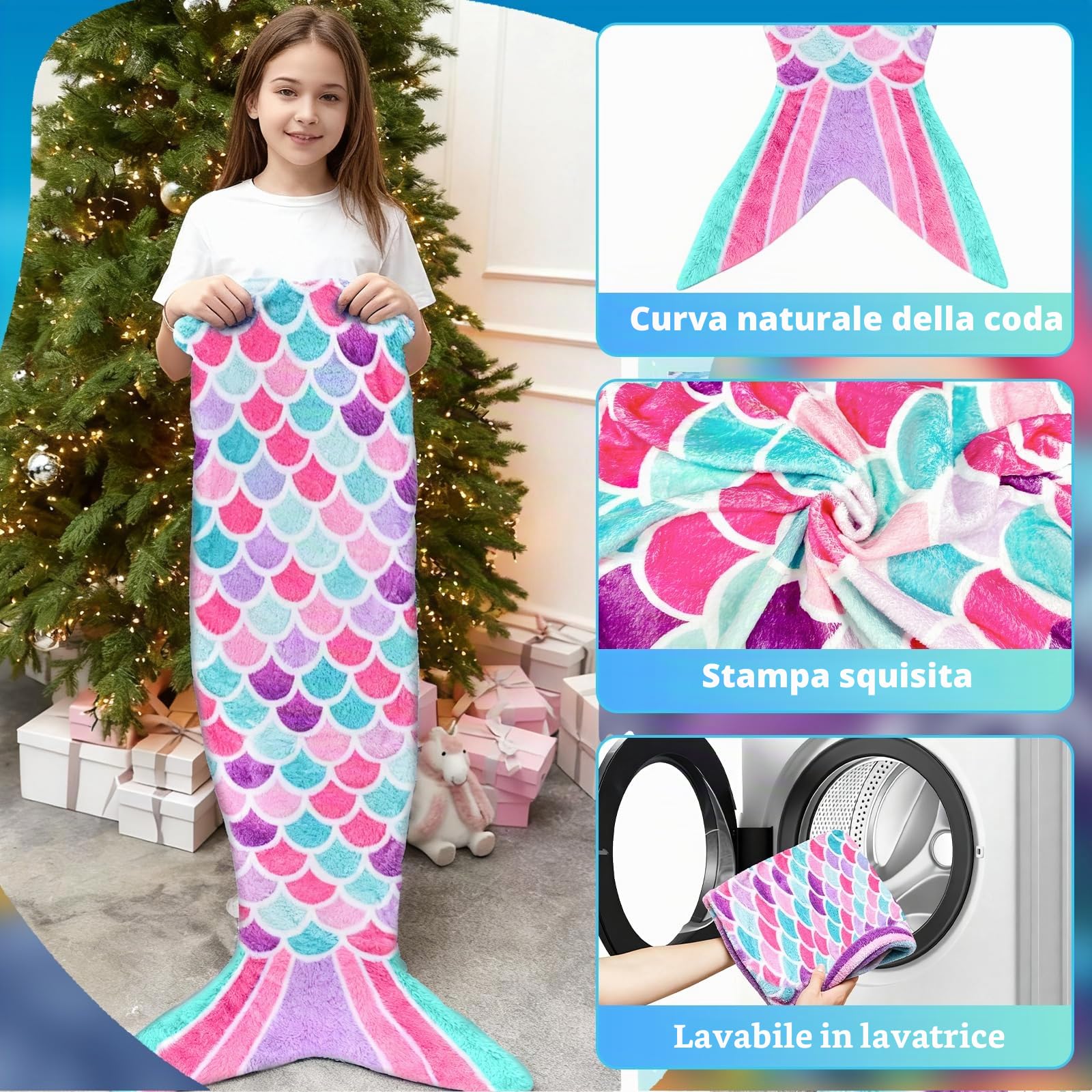 Coperta a Coda di Sirena, Coperta Sirena di Flanella Indossabile, con Braccialetto a Forcina Paillettes per Ragazze Bambini, Adatto per Halloween, Natale, 140 x 60cm