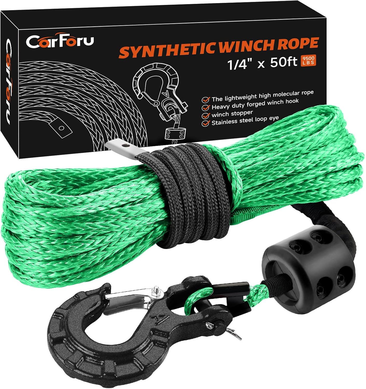 Carforu Synthetic Winch Rope 1/4'' x 50ft, 9500LBS