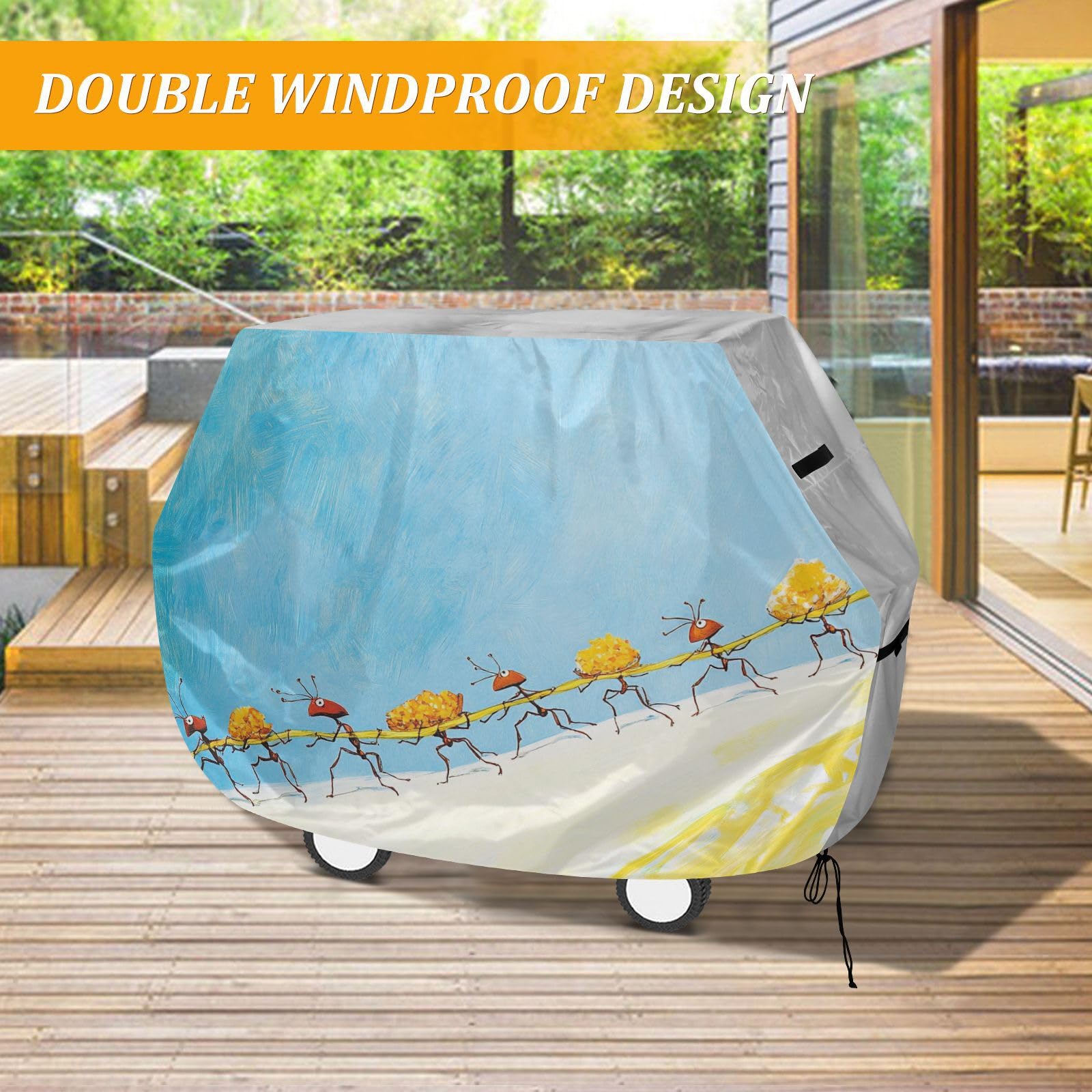Mrówki niosące jedzenie w linii na zewnątrz patio pokrowiec na grilla 150 cm wodoodporny wytrzymały blaknięcie i promieniowanie UV pokrowce na wędzarnie z regulowanym sznurkiem dla kurzu i wiatru
