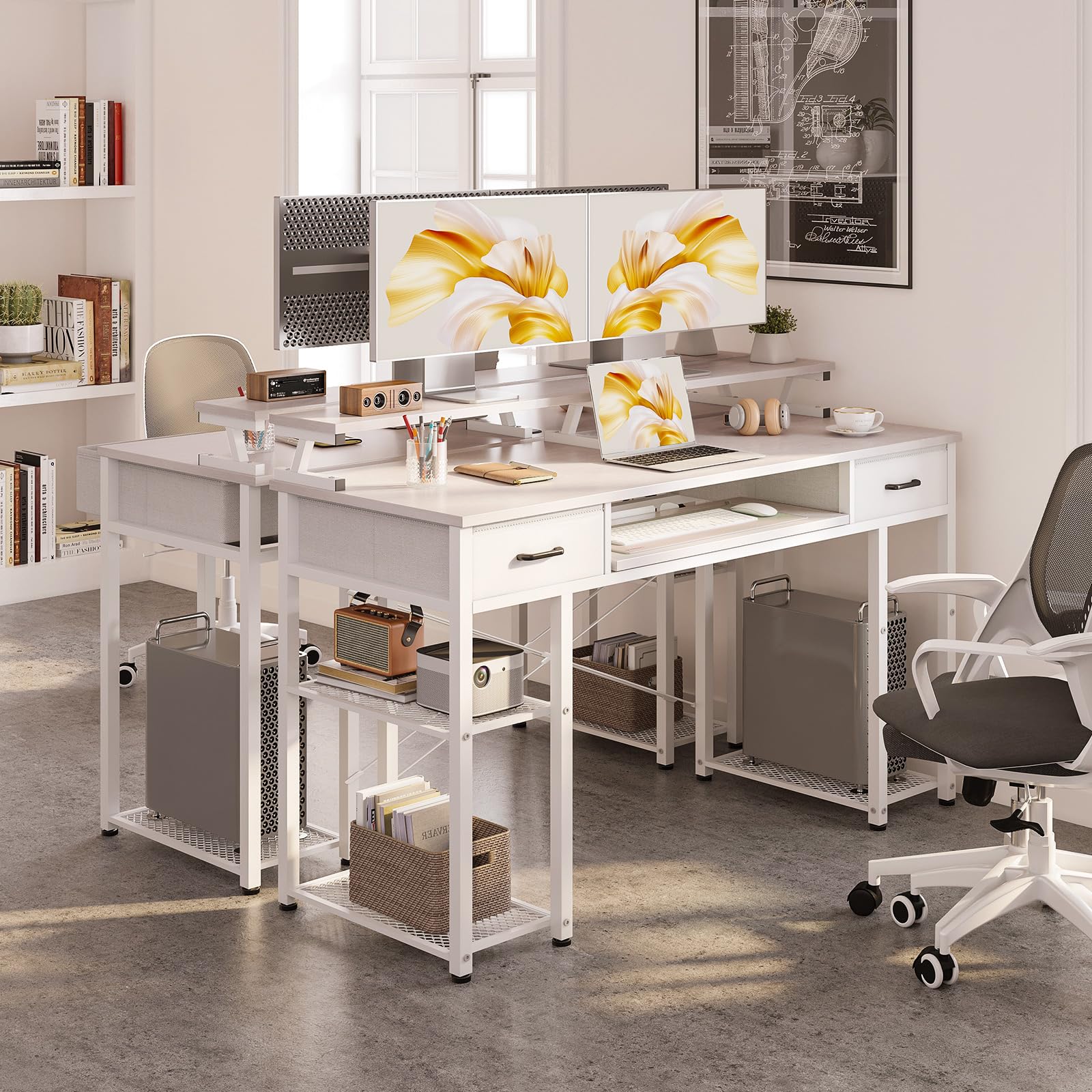 ODK Scrivania con 2 Cassetti, 120x48cm Scrivanie con Ripianiper, Scrivania Salvaspazio con Supporto per Monitor Tavolo Computer Reversibile per Ufficio in Casa, Bianca