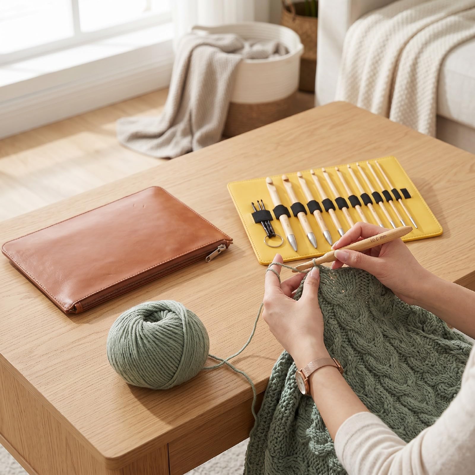 banapoy Set Uncinetti Tunisini, 10 Misure da 3,5 a 10,0 Mm Ganci Ergonomici in Alluminio Intercambiabili, con 4 Cavi Antitorsione e con Cerniera per Coperta Scialle Maglione Sciarpa Cappello Bambola