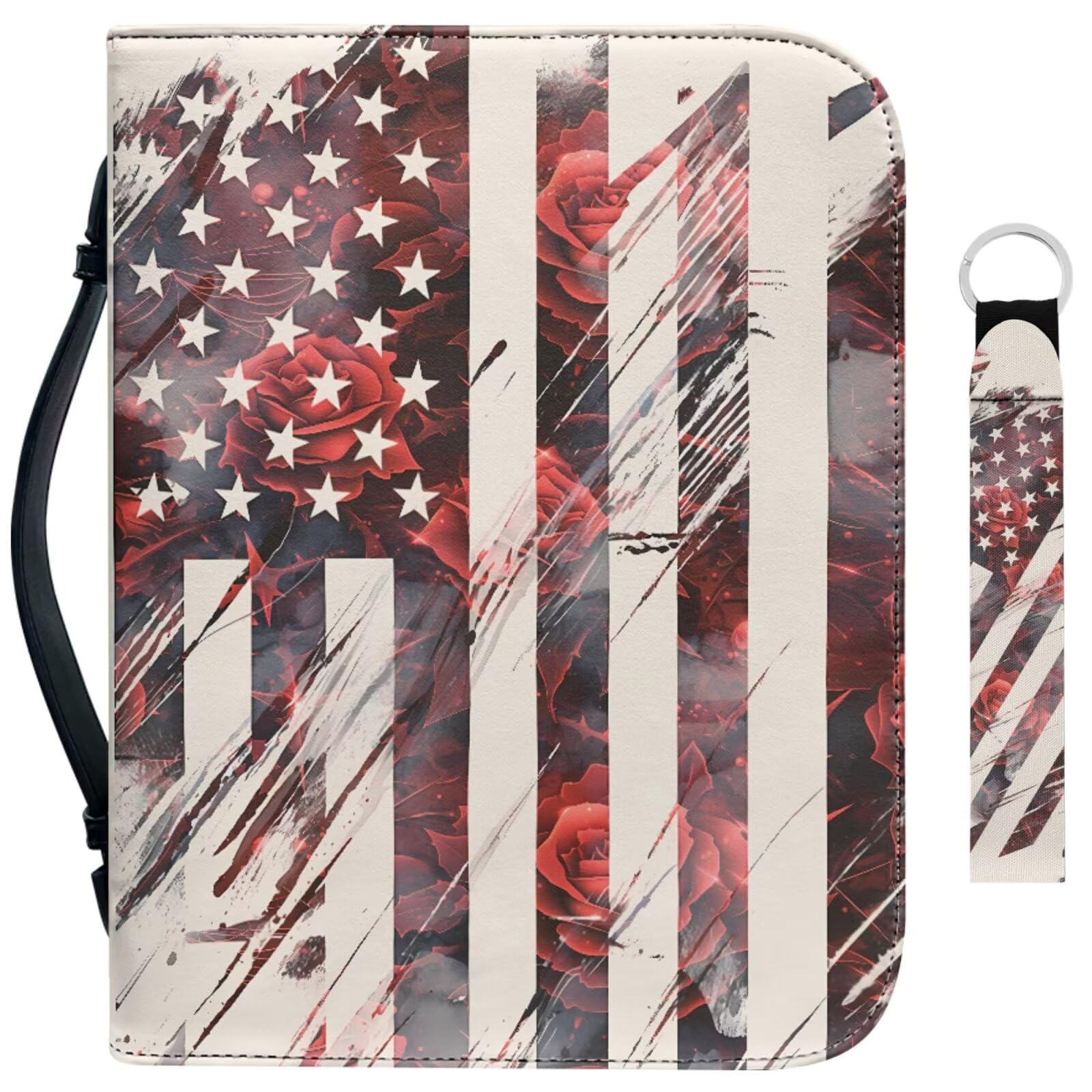 Garronmavis Floral American Flag Bible Carrying Cover Gradient Rose US Flags Bible Case with Key Ring July 4th Bible Bag for Church - L