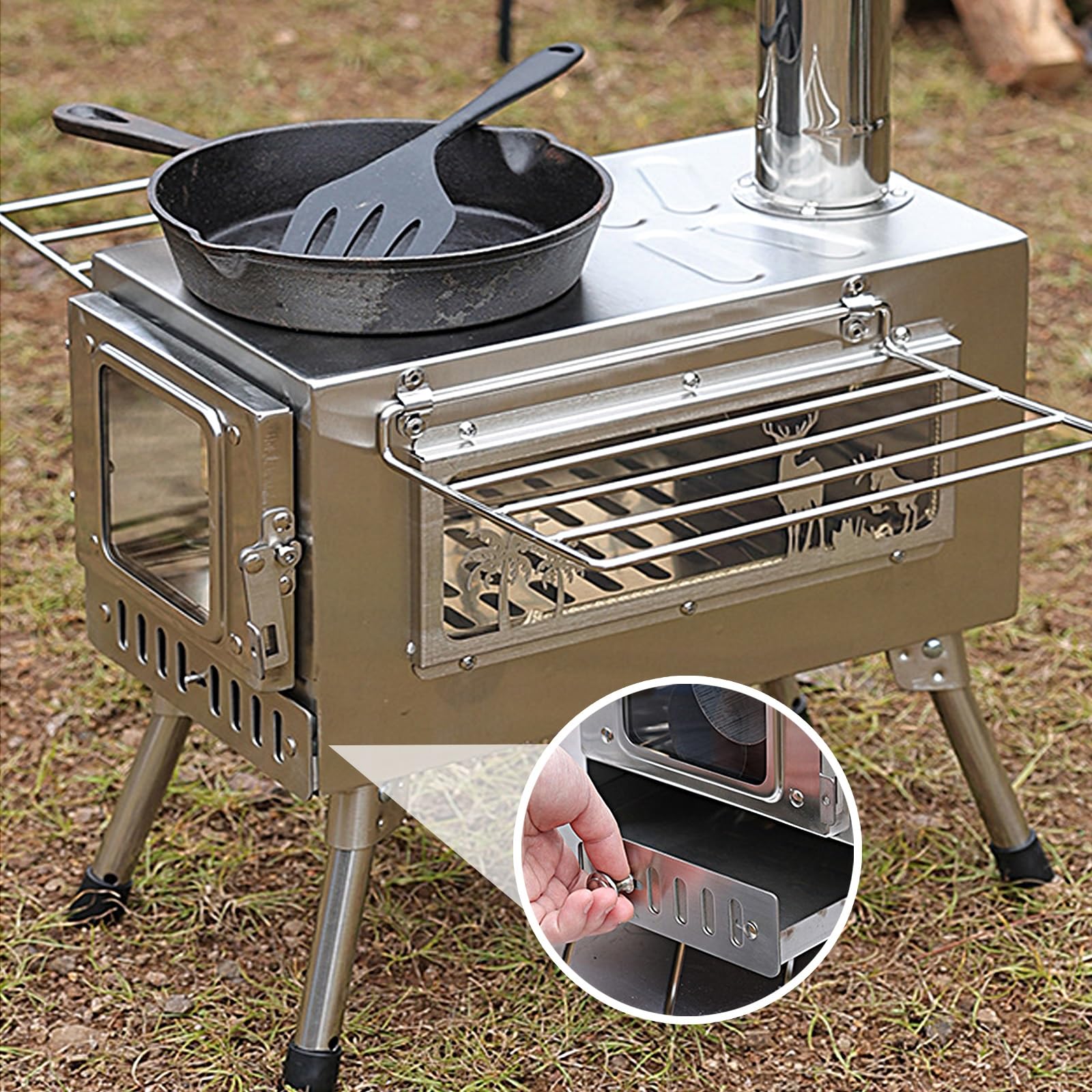 Poele a Bois Portable Pliable Rechaud Camping en Acier Inoxydable avec Conduit de Fumée et Crochet À Feu pour Le Camping, La Cuisines, Les Grillades, La Randonnée, La Pêche, La Chasse(54*44*35.1cm)