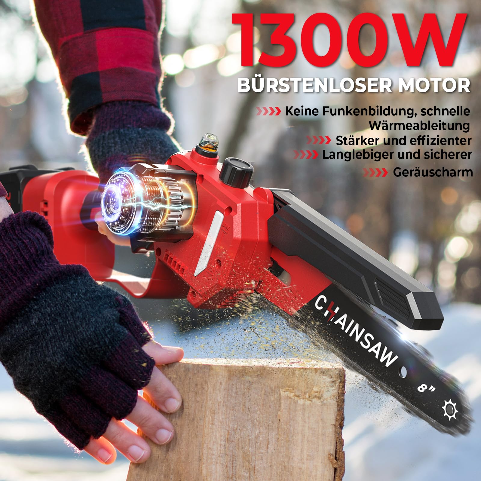 Akku Kettensäge 1300W Bürstenloser Motor, 6 Zoll & 8 Zoll Mini Kettensäge Elektro mit 8000mAh, Astsäge Akku mit Auto-Öler, Handkettensäge Kompatibel mit Makita Akku, Für Garten Baumschnitt Schere