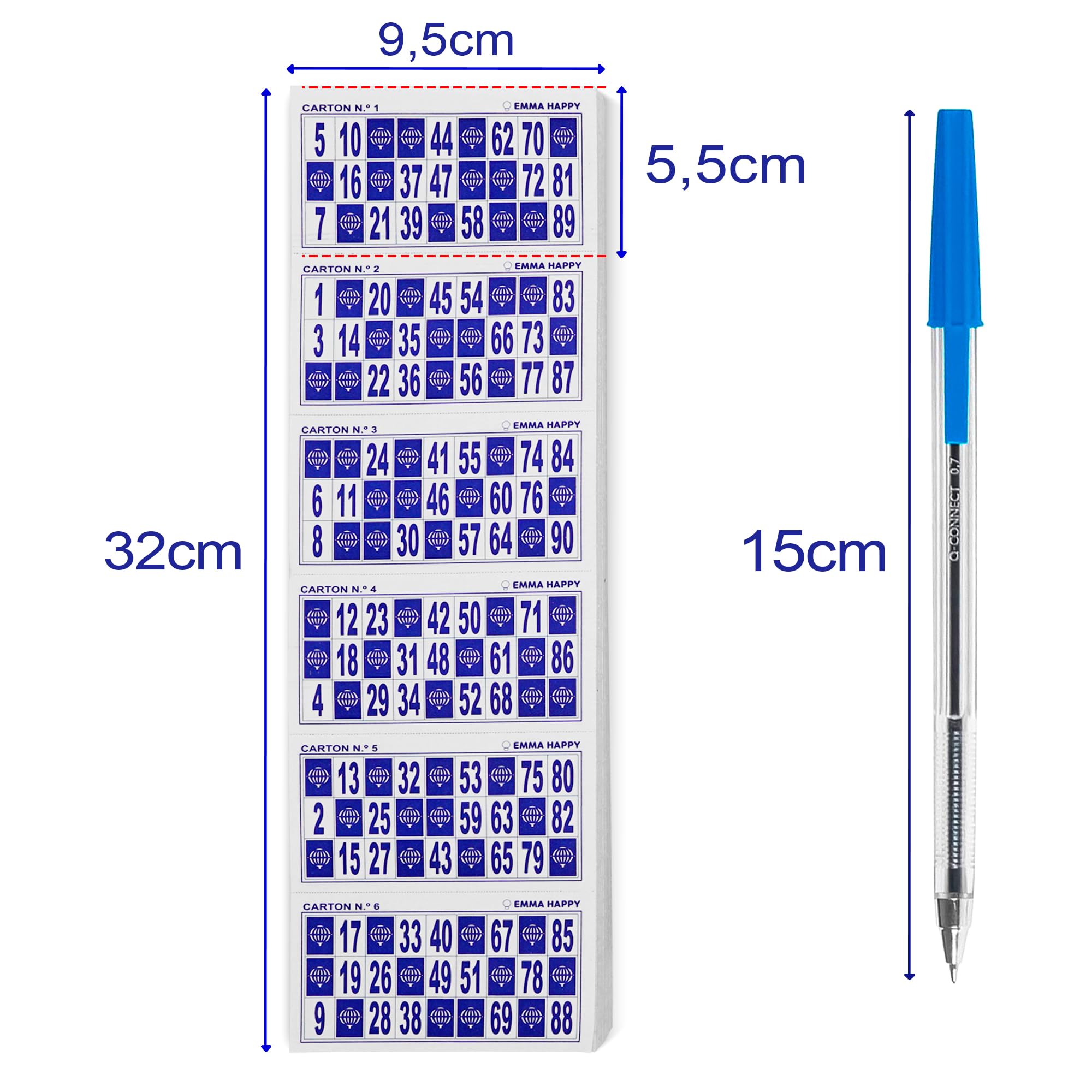 Cartones de Bingo Azules 90 Bolas – 1800 Unidades (3x600) Numeradas 1 al 90 + 10 Bolígrafos Azules – Bingo Tradicional en Cartón para Fiestas, Residencias y Asociaciones