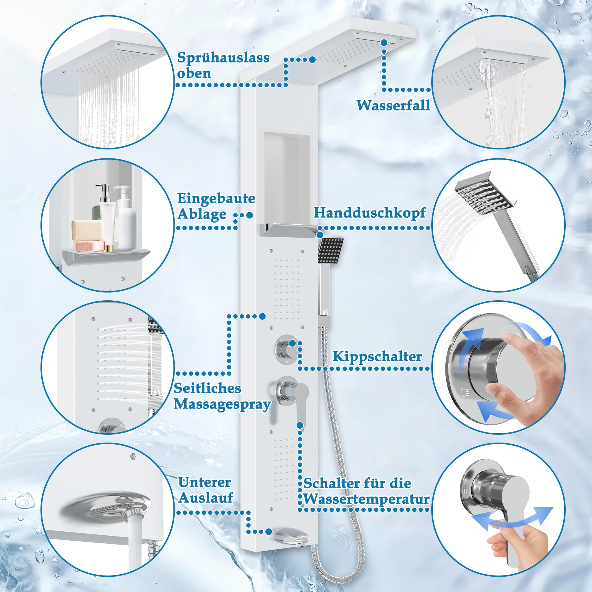 LZQ Pannello doccia in acciaio inox, sistema doccia a 5 funzioni, con doccia a pioggia, cascata, 2 getti massaggianti, doccetta e beccuccio, set doccia montato a parete (bianco)