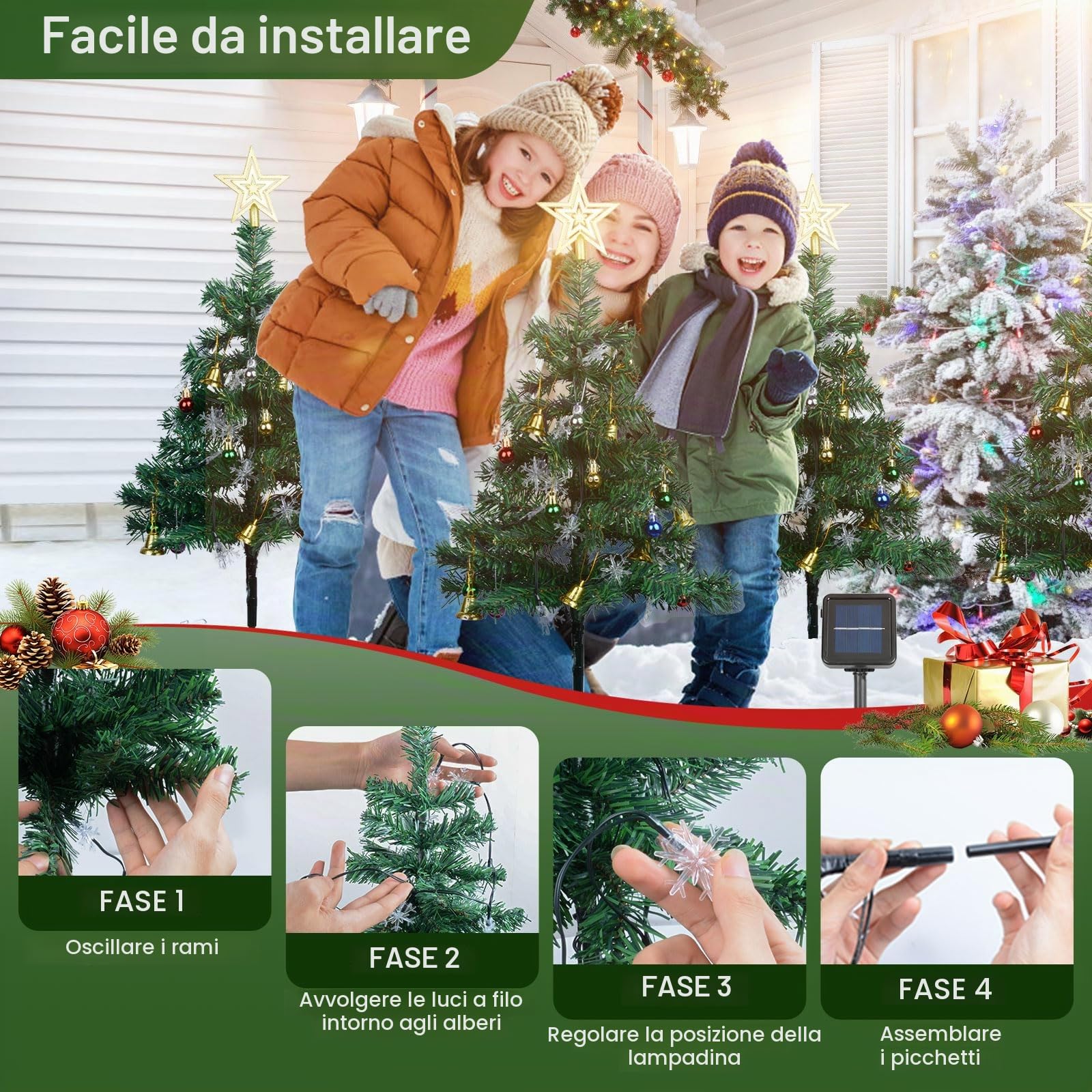 Albero di Natale con Luce Solare, 4 Pezzi Luci Solari Albero con 80 LED Fiocco di Neve Catena Luminosa, Stella di Natale per Albero, Lampade Solari Natalizie Decorazioni per Giardino Esterno Patio