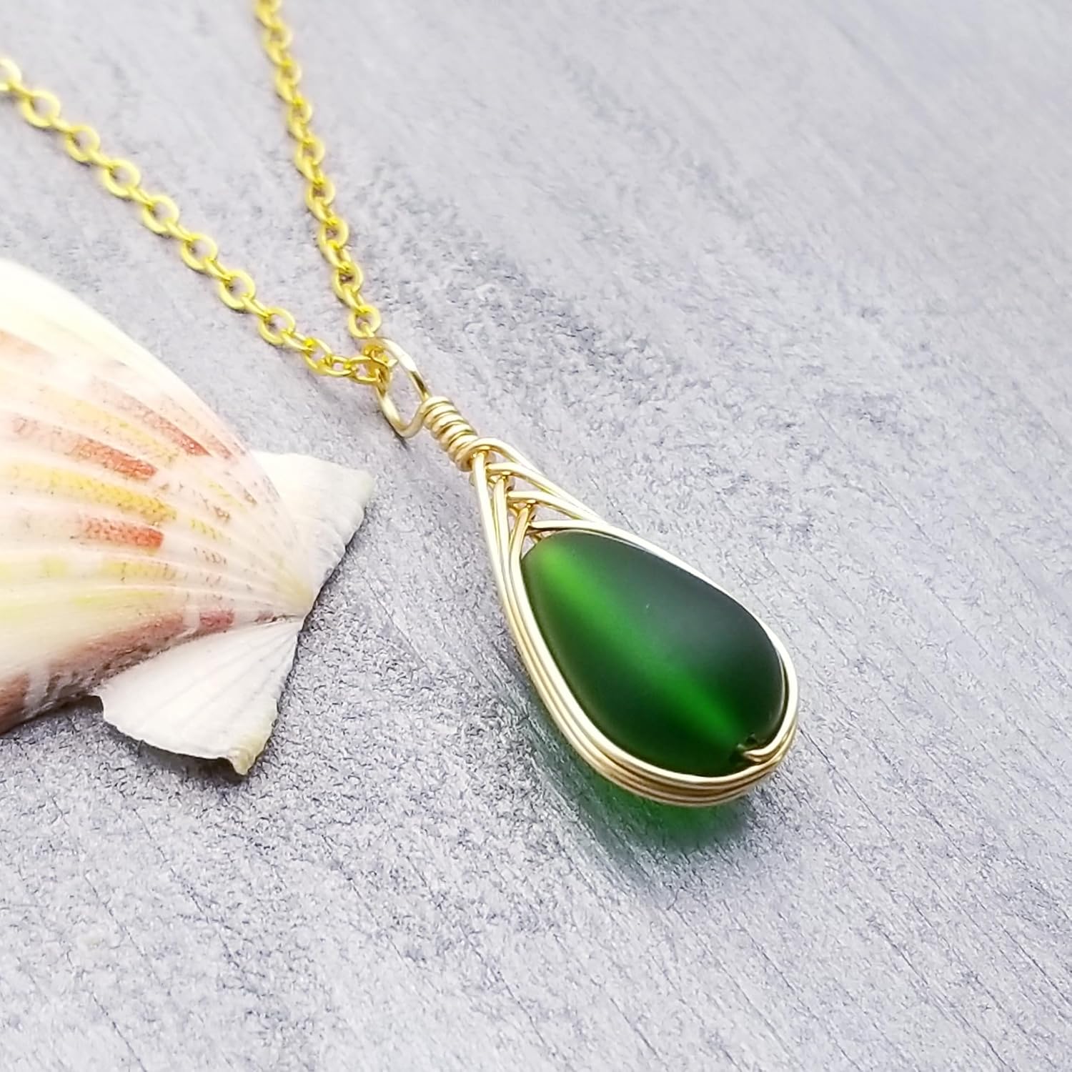 Handmade Sea Glass Necklace, Hawaiian Jewelry For Women, Gold Wire Braided Teardrop Necklace, Beach Jewelry, Birthday Gift For Women